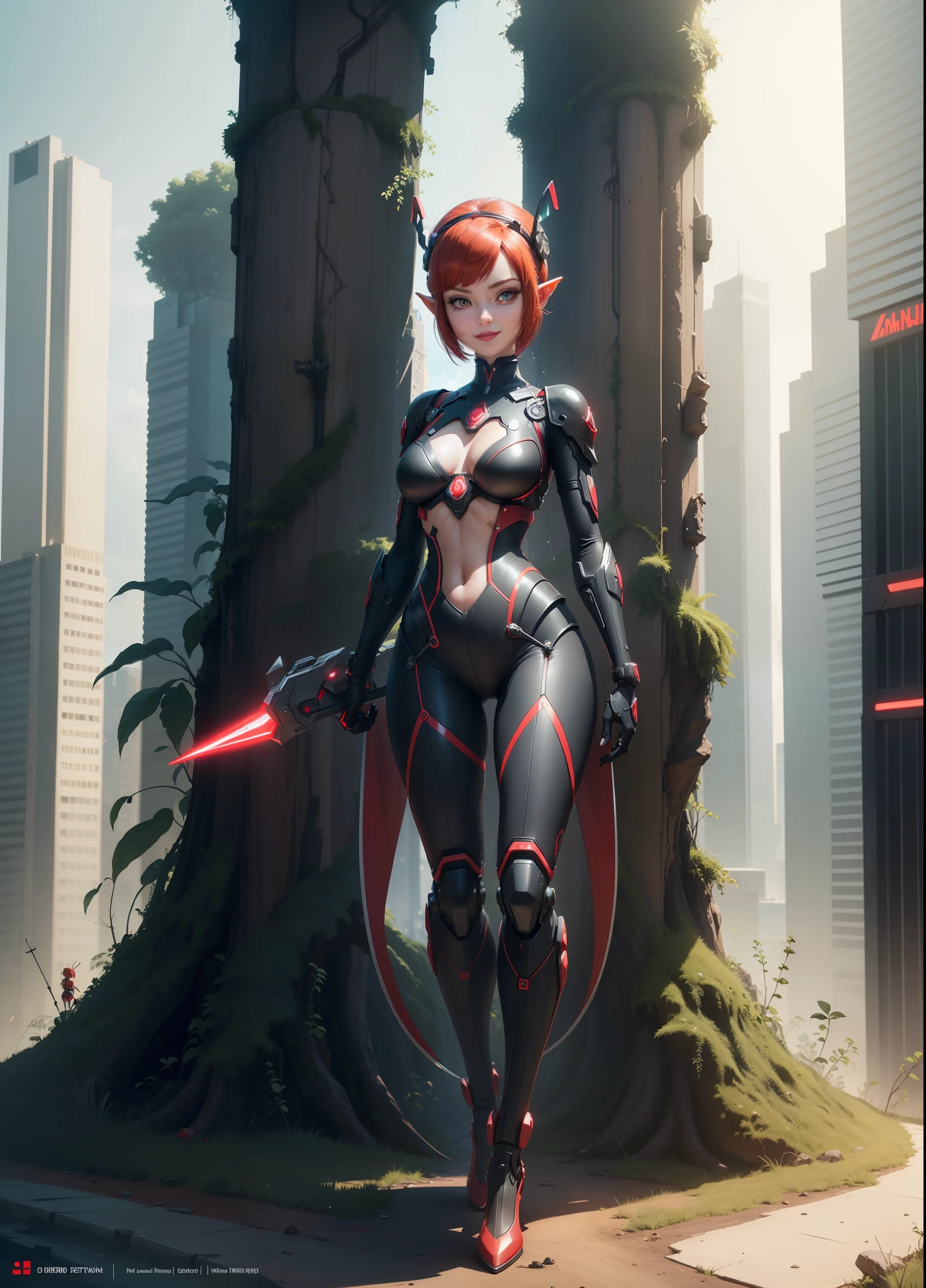 (Full body),Princess Zelda as humanoid ant with antennae, large breasts, (red and black/bionic ant body suit with weapons attached), looking at the viewer, smile, face with red cheek, red lipstick on her mouth, she has very short red hair and green eyes, she is in a futuristic city, 16k, highres, best quality, award-winning, high details,  anatomically correct, masterpiece, UHD, ccurate, retina