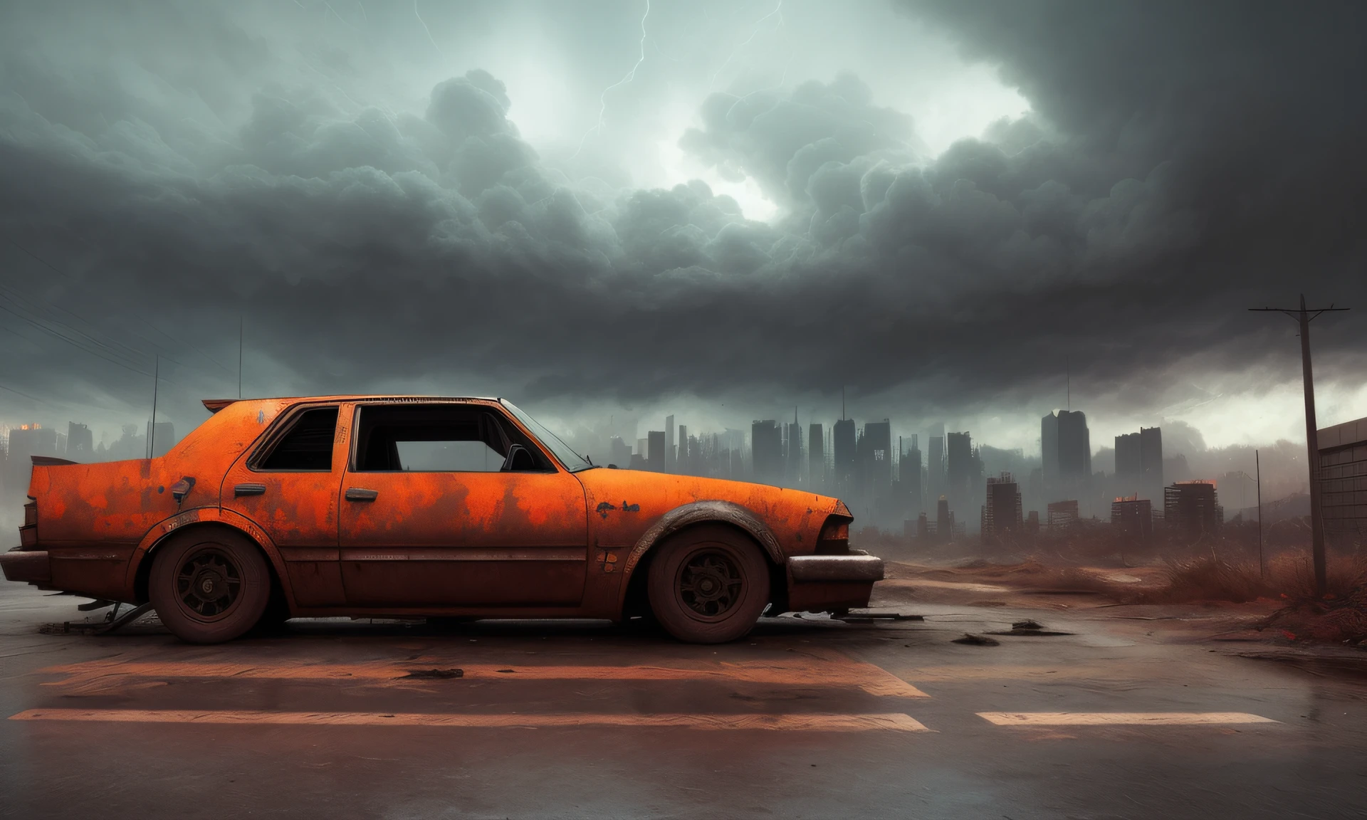 Rusty Car, Sci-fi Cyberpunk City, wrecked and abandoned, heavy storm, super realistic, symmetrical, digital painting, detailed, digital painting, dramatic clouds and lighting, by GDNS