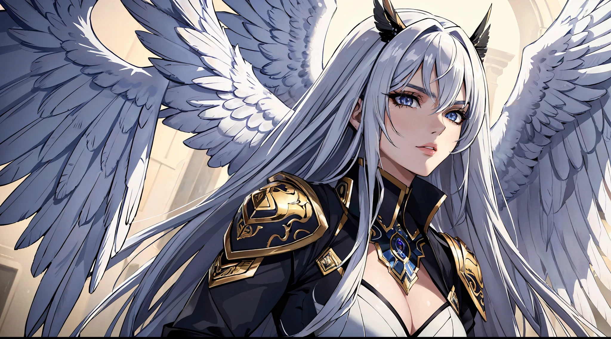 (masterpiece: 1.2, best quality), beautiful, a 23-year-old woman, Fallen Angel (white eyes), extremely detailed face, beautiful detailed eyes, defined jaw, (perfect anatomy), wearing dark armor, Flying feathers, textured skin, Cold lighting