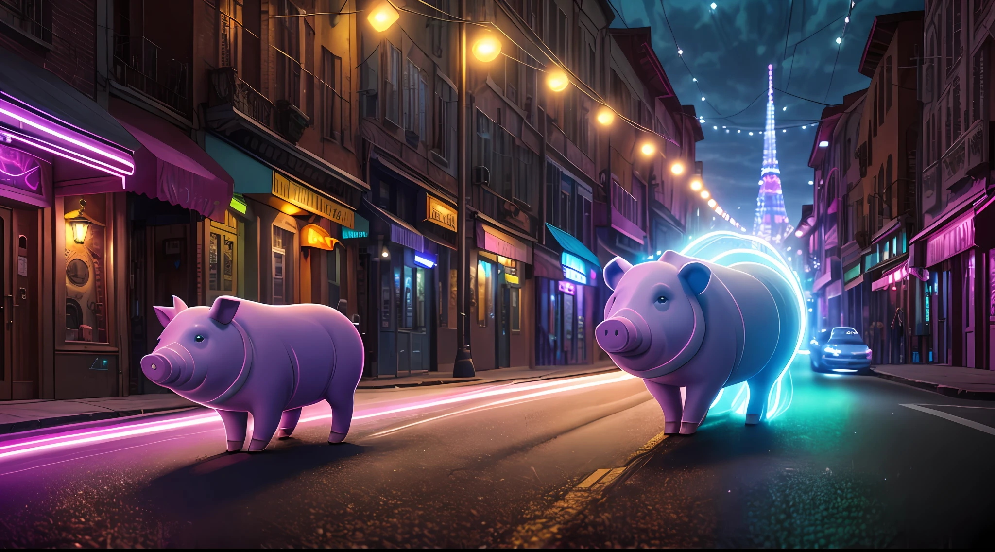 [A cute cyberpunk piglet standing outside a cyberpunk neon city street stills: an electric pig galloping down the road, a beam of glowing fiber optic cable: 0.2], epic realism, art, (HDR: 1.2), (pastel colors: 1.2), pastel, ultra-detailed, (artstation: 1.5), warm light, dramatic light, (intricate details: 1.2), vignette, complex background