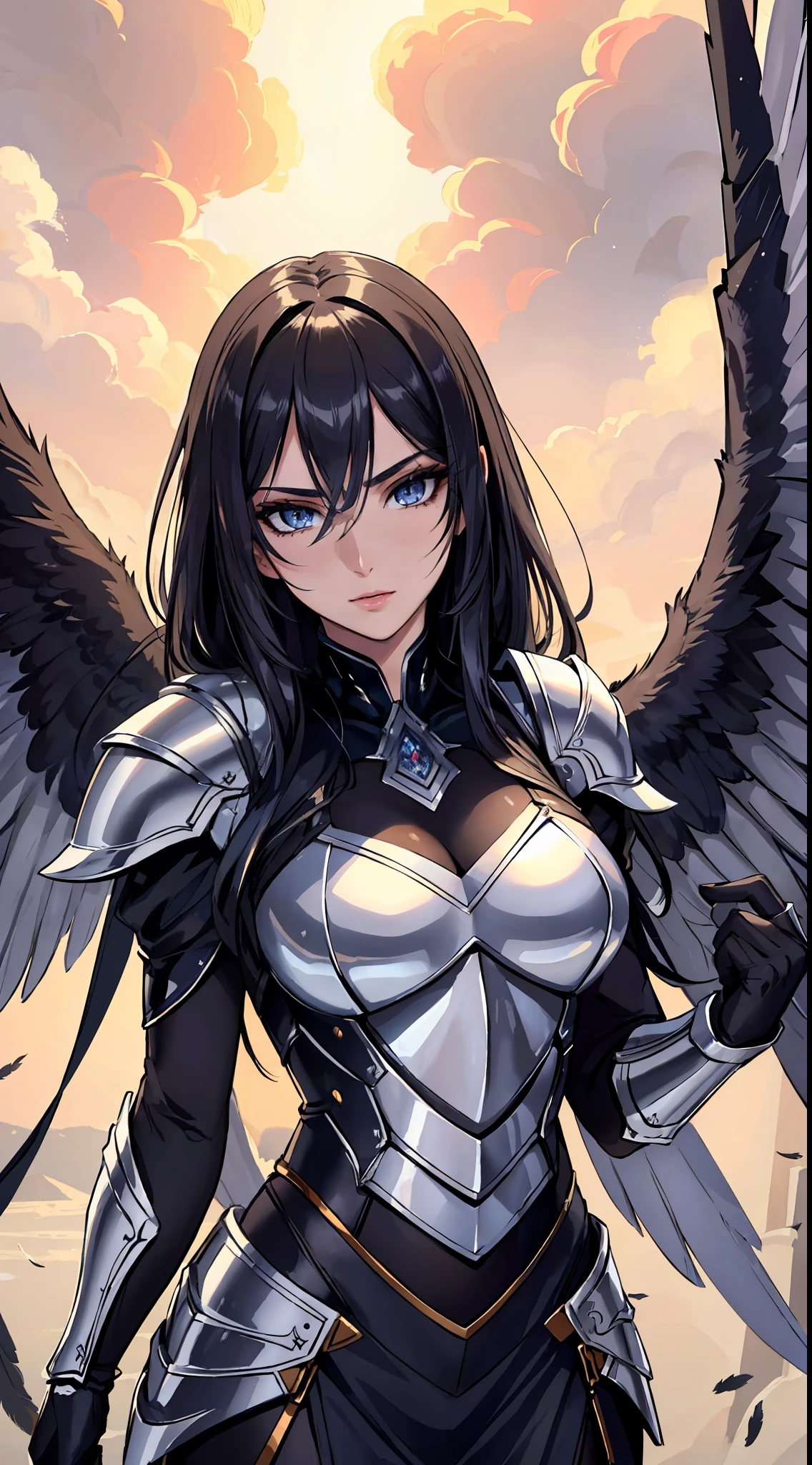 (masterpiece: 1.2, best quality), beautiful, a 23-year-old woman, Fallen Angel (white eyes), extremely detailed face, beautiful detailed eyes, defined jaw, (perfect anatomy), wearing dark armor, Flying feathers, textured skin, Cold lighting