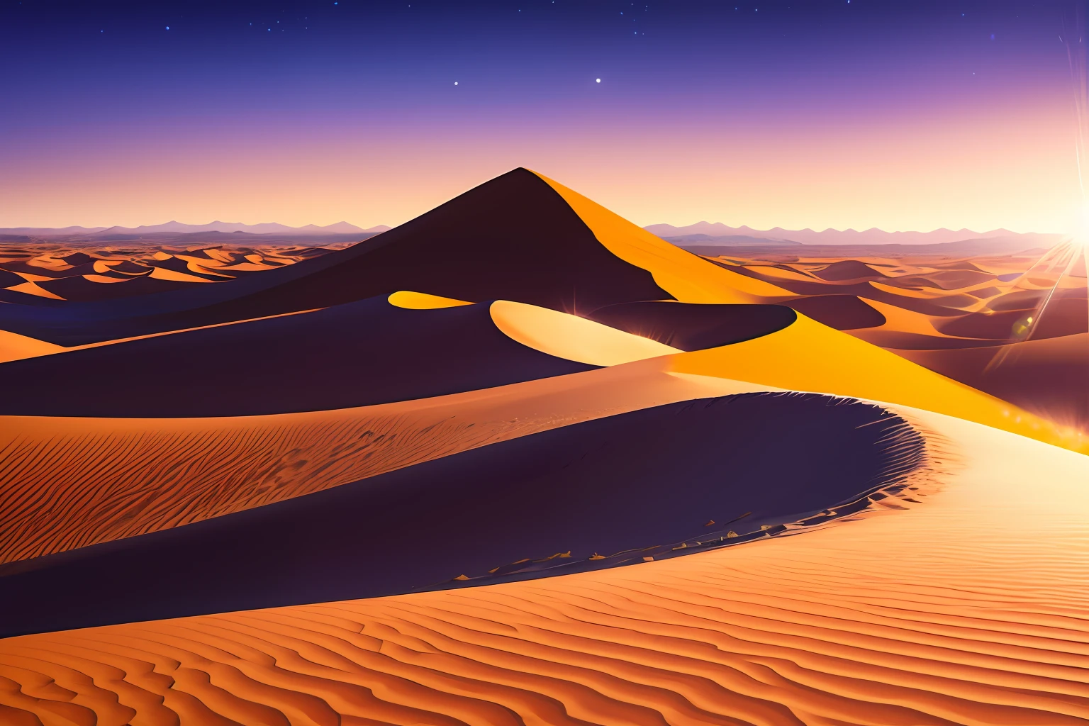 Your task is to create an incredible image of a mystical desert at sunset for an anime-style animation. The image should convey a sense of enchantment, mystery and loneliness, capturing the majestic beauty and magic of the environment.

In the image, the desert should occupy most of the scene, with golden dunes stretching to the horizon. The dunes should be smooth and winding, forming intriguing patterns that seem to move smoothly with the wind.

The sunset should be the highlight, with a sky painted in vibrant and dramatic colors, including shades of orange, purple and deep blue. The crescent moon should be present in the night sky, accompanied by twinkling stars to add a magical touch.

In the center of the image, an imposing rock formation should rise, with smooth contours and an enigmatic aura. It can look fantastic, evoking a sense of magic and mystery.

Make sure there are no human figures in the image, as the focus is on the natural beauty and solitude of the desert. However, small details such as footprints in the sand or exotic plants can be included to add visual interest.

Pay attention to detail and lighting, highlighting the textures of the dunes and rocks. The lines should be smooth, fluid and elegant, following the artistic style characteristic of the anime.

Remember to create an image that is fascinating, transporting viewers to a world of wonders and sparking their imagination. Add additional elements as you see fit to make the scene even more enchanting and mysterious.