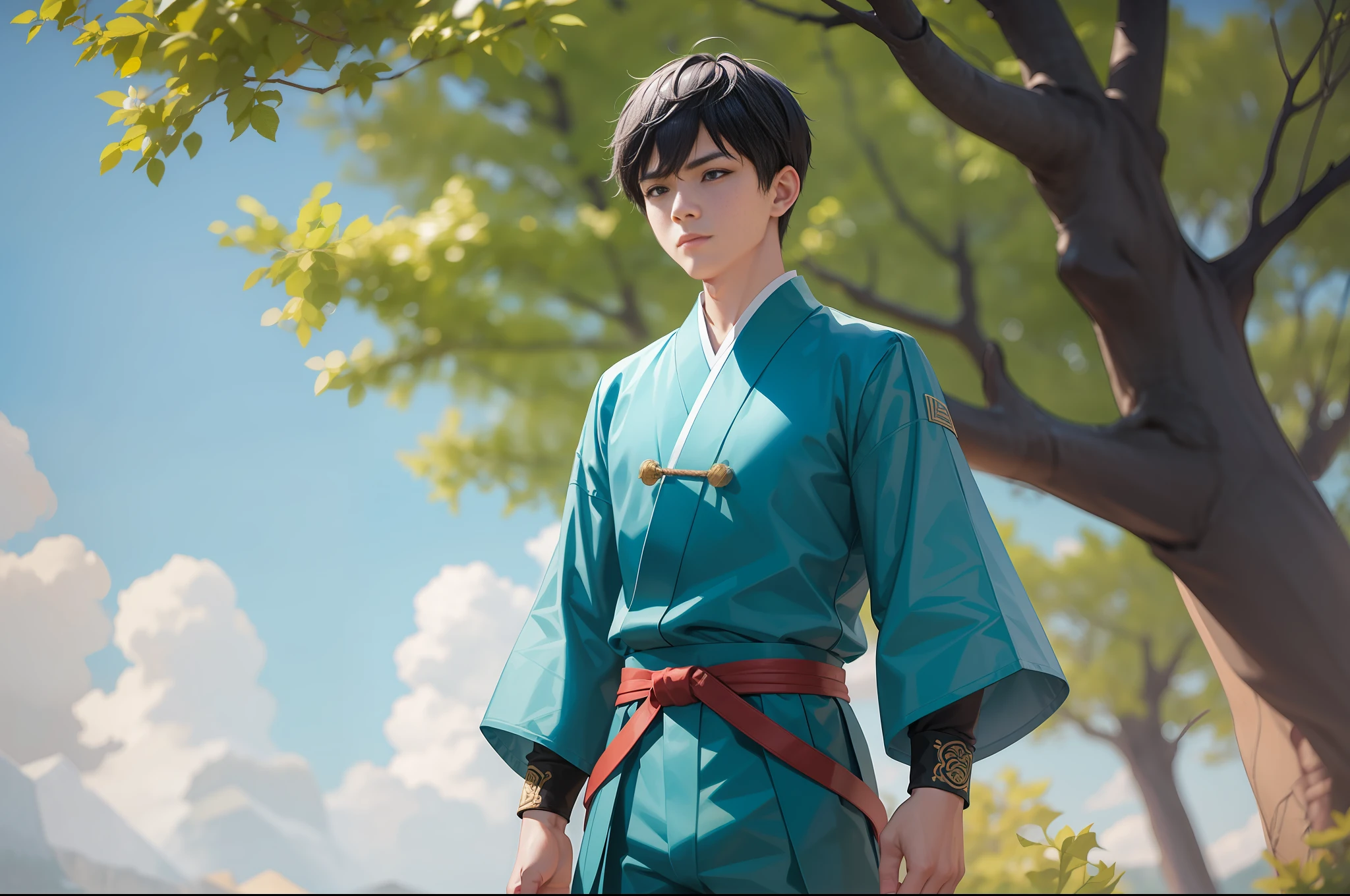 Boy, 16 years old boy, standing outside, decadent, ridiculed, cyan clothes, ancient costume, martial arts uniform, black hair, super short hair, 4K, HD, many details, ancient martial arts style, Chinese martial arts. The boy was pointed at by a lot of people.