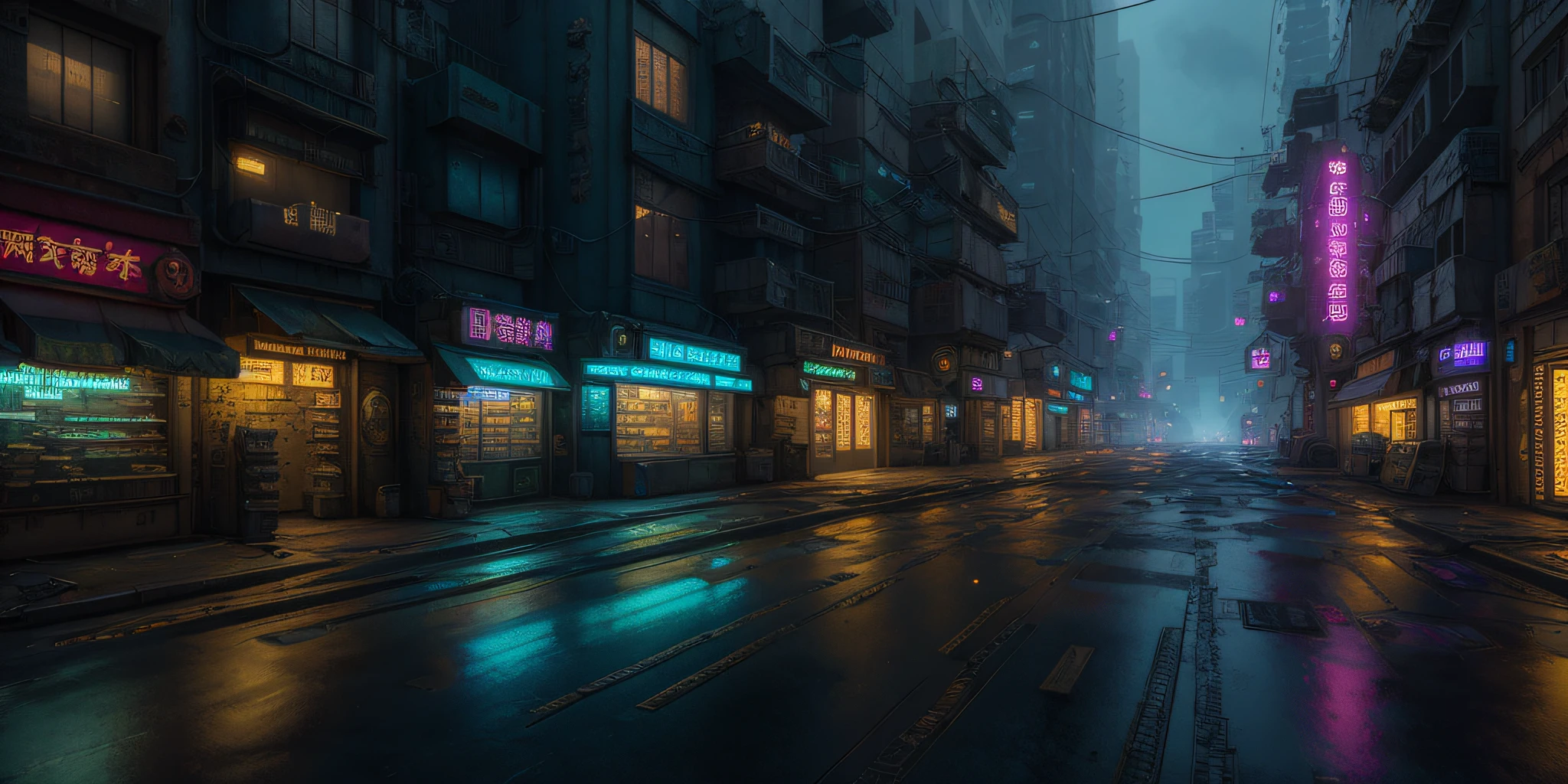 Cyberpunk city from sci-fi movie, empty street, night, chinoiserie buildings, old shop, irregular, circuit boards, wires, intricate, super detailed, realistic, hyper realistic, high quality, best, super detailed, crazy Detail, Very Detailed, Photorealistic, Epic Composition, Best Quality, 32k --v 6
