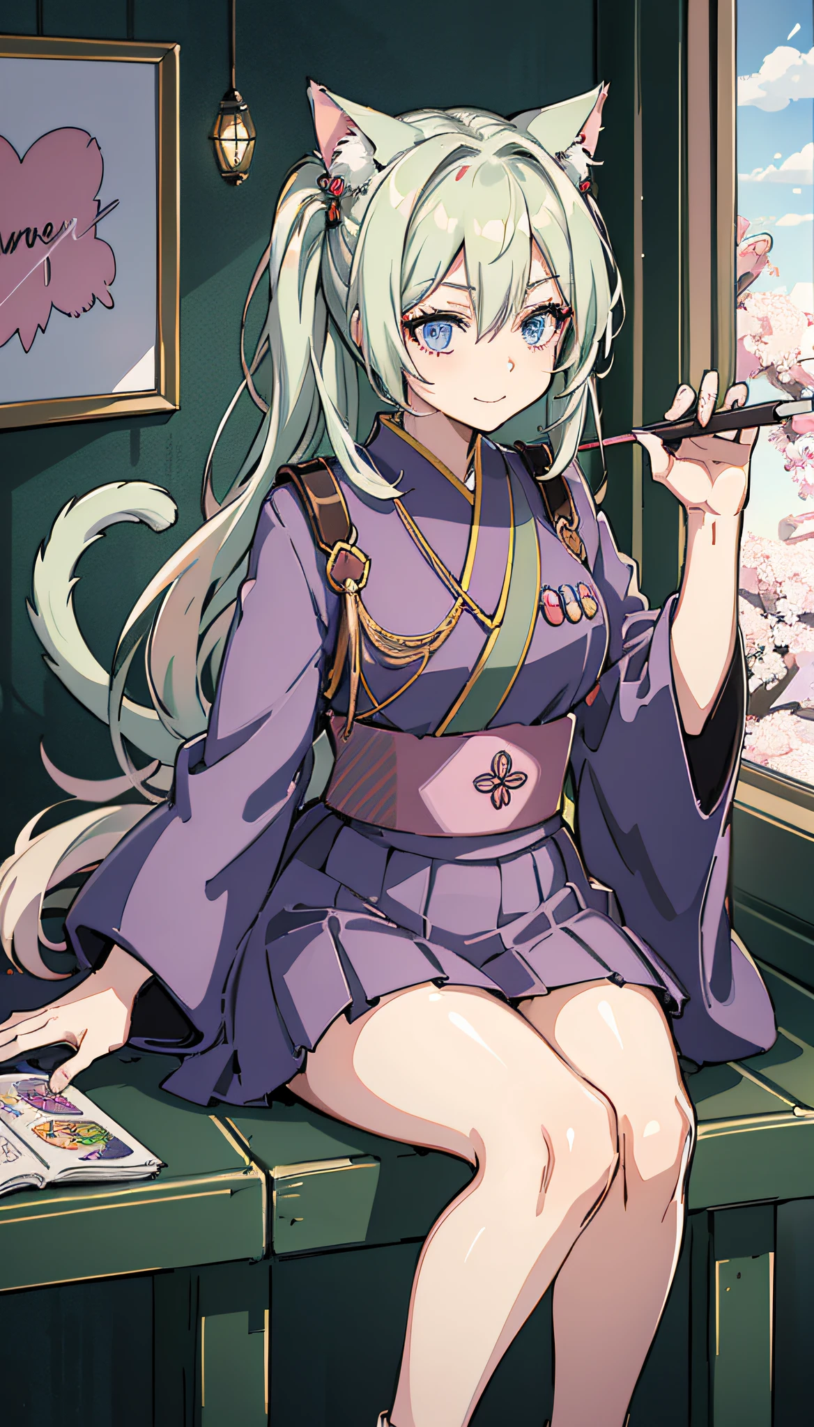 Colorful hair and colorful dress in anime ((cat-eared 1girl)), kimono pastel vivid, rossdraws cartoon vivid, anime style 4k, beautiful anime portrait, artgerm colorful!!!、! dream art germ, beautiful anime, cat ear 1girl, anime style digital art, anime art wallpaper 4k, anime art wallpaper 4k, digital anime art, highly detailed art germ, commander uniform,  full body, sitting in her office, white haired, front view, smirking