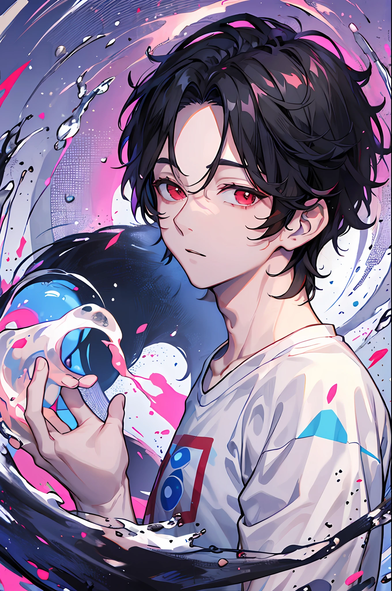 "(handsome boy:1.5),black hair,comma hair,forehead comma hair,Korean hair,red eyes,T-shirt,pink and blue splashing,looking at viewer,upper body"
