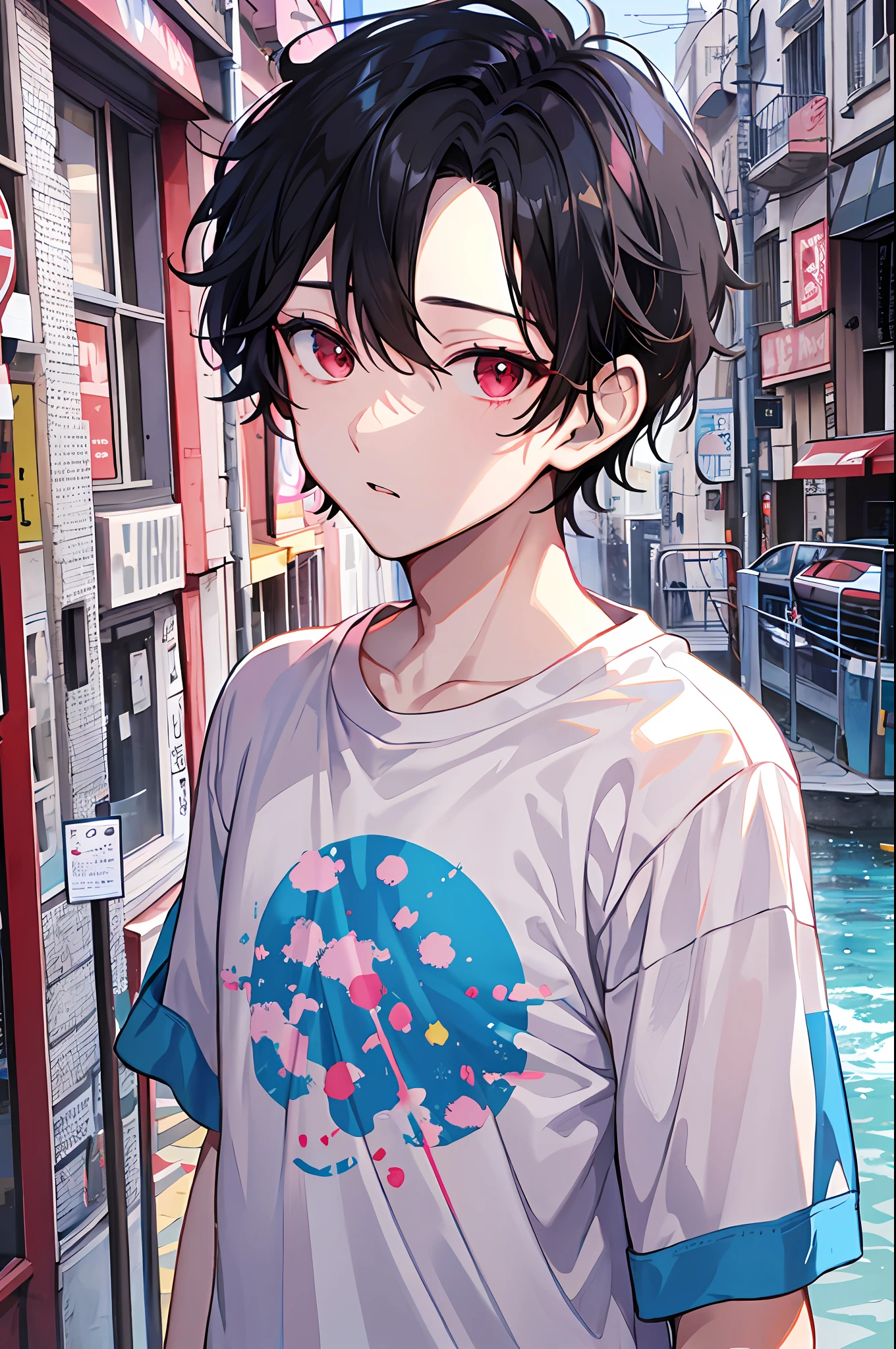 1 boy, handsome boy, black hair, comma hair, forehead comma hair, korean hair, Red eyes, T shirt, pink and blue splash, looking at viewer, upper body