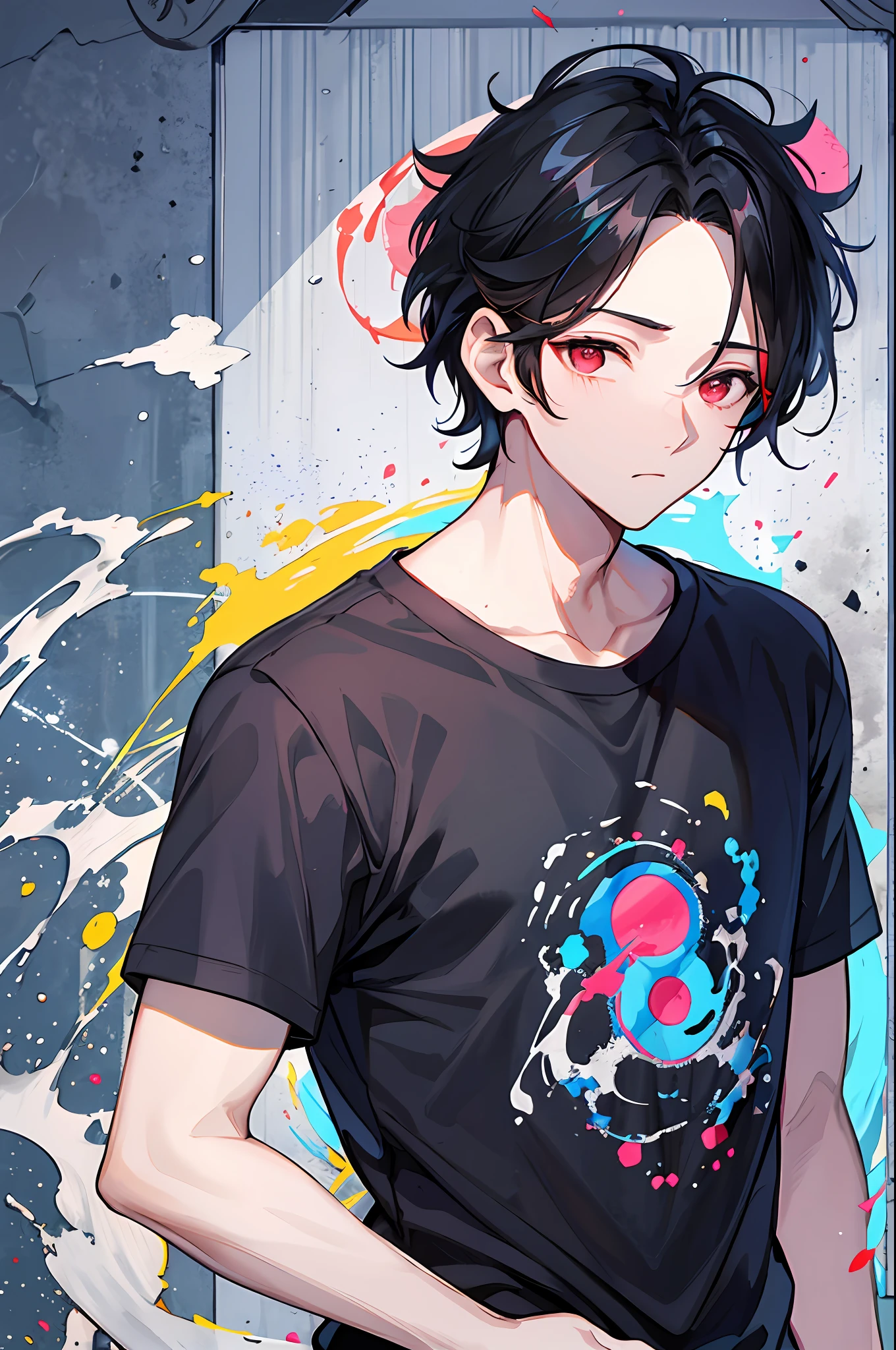1 boy, handsome boy, black hair, comma hair, forehead comma hair, korean hair, Red eyes, T shirt, pink and blue splash, looking at viewer, upper body