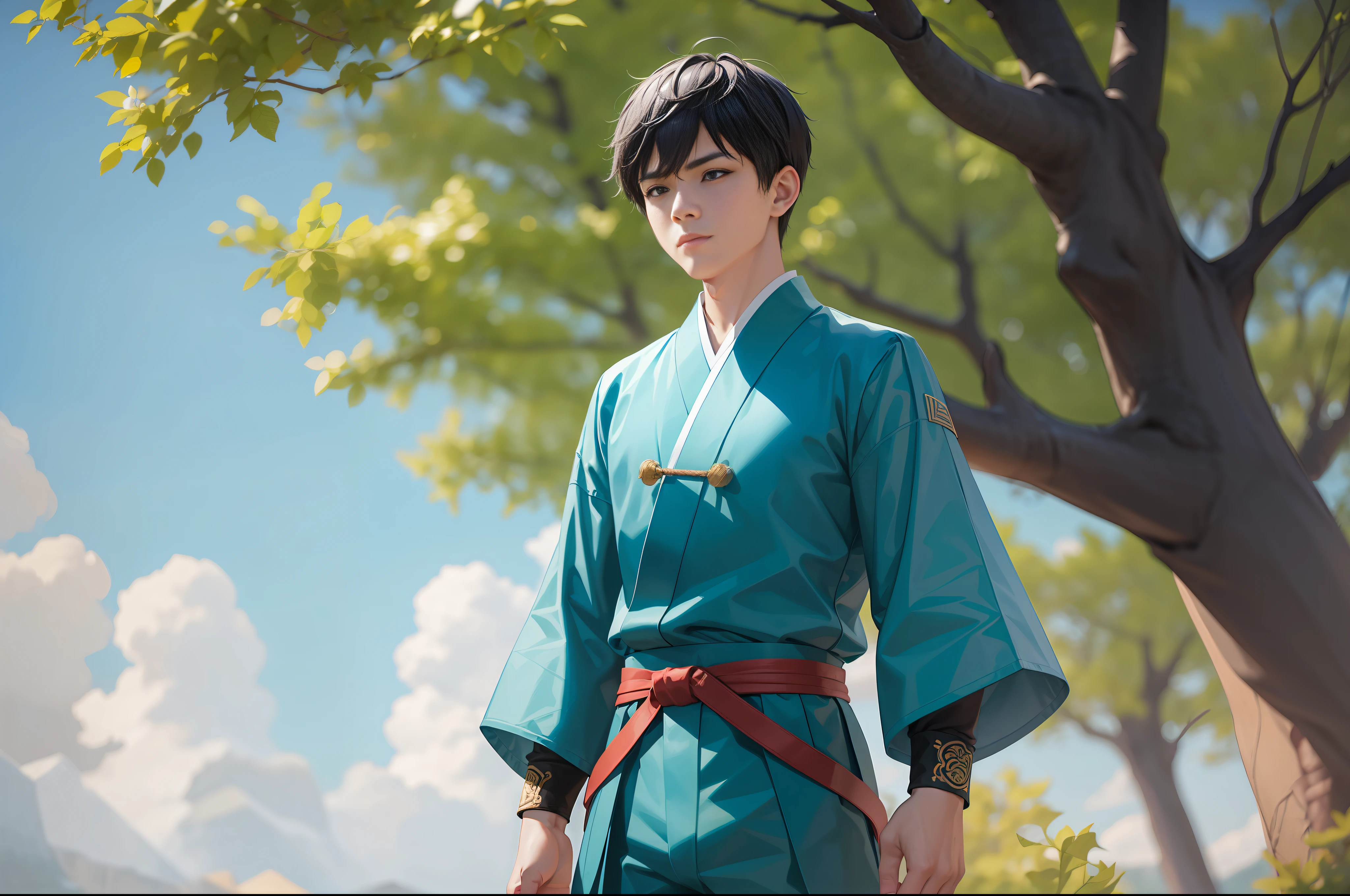 Boy, boy, standing outside, decadent, ridiculed, cyan clothes, ancient costume, martial arts uniform, black hair, super short hair, 4K, HD, many details, ancient martial arts style, Chinese martial arts. The boy was pointed at by a lot of people.