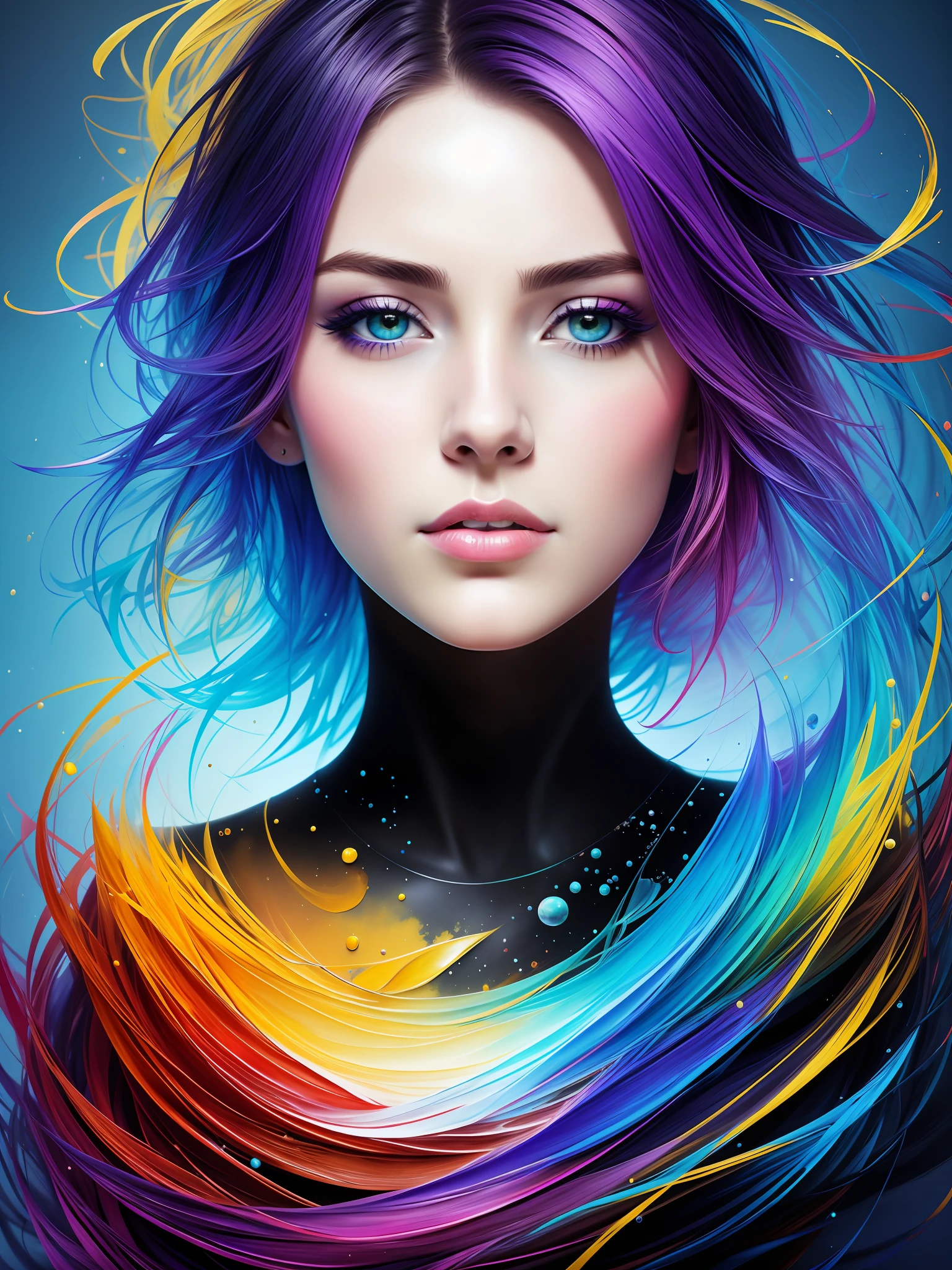 Colorful beautiful girl: a giru 28-years old, messy hair, oil painting, nice perfect face with soft skinice perfect face, blue yellow colors, light purple and violet additions, light red additions, intricate detail, splash screen, 8k resolution, masterpiece, cute face,artstation digital painting smooth veryBlack ink flow: 8k resolution photorealistic masterpiece: intricately detailed fluid gouache painting: by Jean Baptiste Mongue: calligraphy: acrylic: watercolor art, professional photography, natural lighting, volumetric lighting maximalist photoillustration: by marton bobzert:, complex, elegant, expansive, fantastical, wavy hair, vibrant, Best quality details, realistic, High definition, High quality texture, epic lighting, Cinematic film still, 8k, soft lighting, anime style, masterful playing card border, random Colorful art, oil painting, blue yellow colors, light purple and violet additions, light red additions, intricate detail, splash screen, 8k resolution, masterpiece, artstation digital painting smooth veryBlack ink flow: 8k resolution photorealistic masterpiece: intricately detailed fluid gouache painting: by Jean Baptiste Mongue: calligraphy: acrylic: watercolor art, professional photography, natural lighting, volumetric lighting maximalist photoillustration: by marton bobzert:, complex, elegant, expansive, fantastical, vibrant