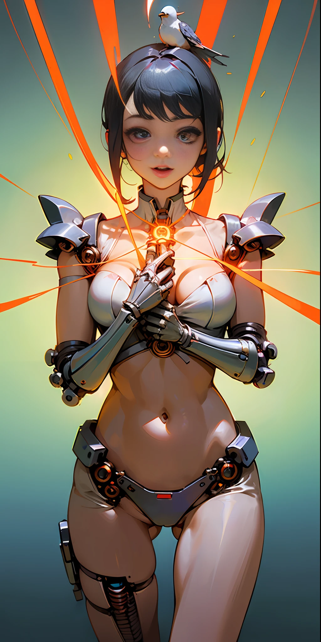 (((Masterpiece)))), (((Highest Quality)))), ((Super Detail)), (High Definition CG Illustration), (Cleavage, Lower Breasts, Navel), (((Very Delicate and Beautiful))),Cinematic Light,(((11Mechanical Bird Girl)),Solo,(Half Body Shooting:1.2),(Mechanical Joint: 1.2),((Mechanical limb)),(Blood vessel connected to a tube),(Mechanical vertebrae attached to the back),( Mechanical neck to wear on the neck)),laughter,(Wire cable attached to the neck:1.2),(Wire cable to the head:1.2),(Character focus),Science Fiction, Extreme Detail, Colorful, Supreme Detail, Rune, Feng Shui, Background