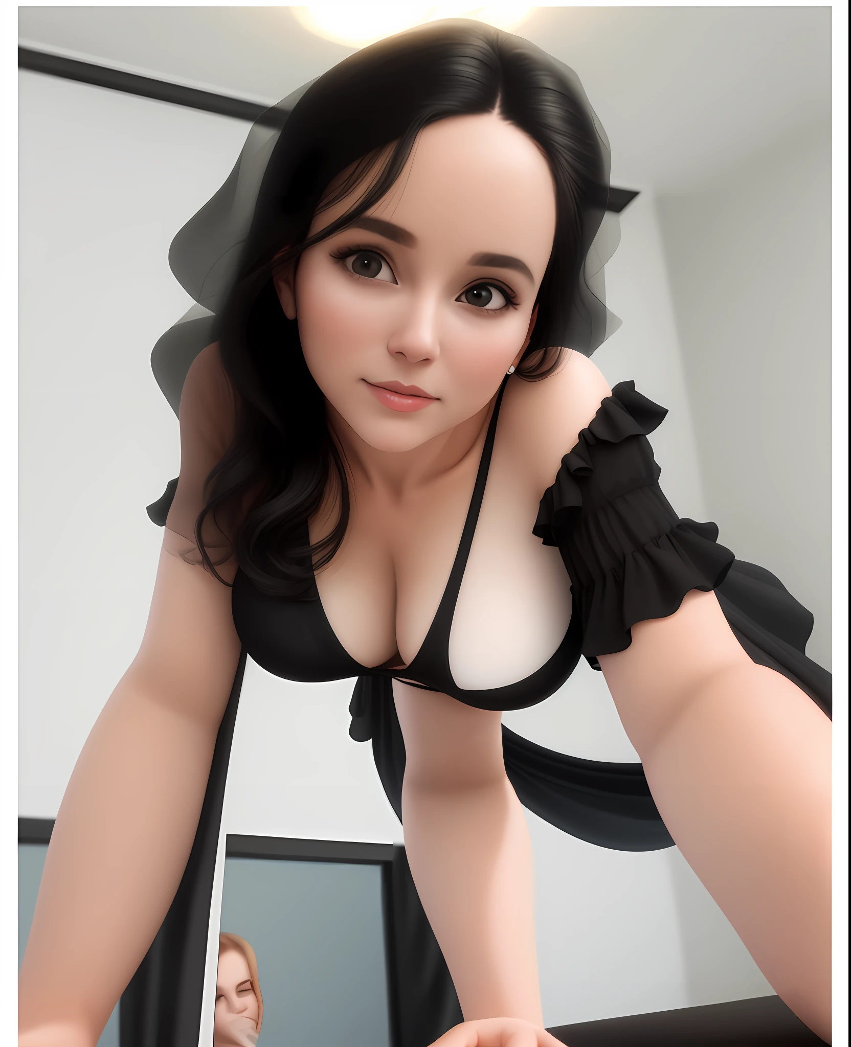 Imagine a 37-year-old woman in transparent black panties and wonderful breasts in excellent 3d quality with a super quality of lighting and using the image of the photo to produce the image of the highest quality