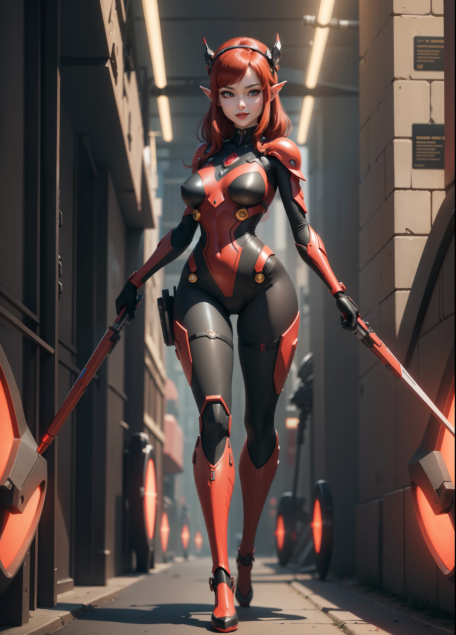 (Full body),Princess Zelda as humanoid ant with antennae, large breasts, (red and black/bionic ant body suit with weapons attached), looking at the viewer, smile, face with red cheek, red lipstick on her mouth, she has very short dark red hair and blue eyes, she is in a futuristic city, 16k, highres, best quality, award-winning, high details, anatomically correct, masterpiece, UHD, ccurate, retina