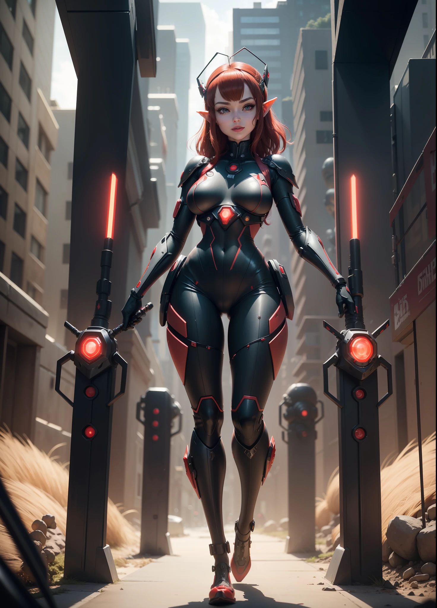 (Full body),Princess Zelda as humanoid ant with antennae, large breasts, (red and black/bionic ant body suit with weapons attached), looking at the viewer, smile, face with red cheek, red lipstick on her mouth, she has very short dark red hair and blue eyes, she is in a futuristic city, 16k, highres, best quality, award-winning, high details, anatomically correct, masterpiece, UHD, ccurate, retina