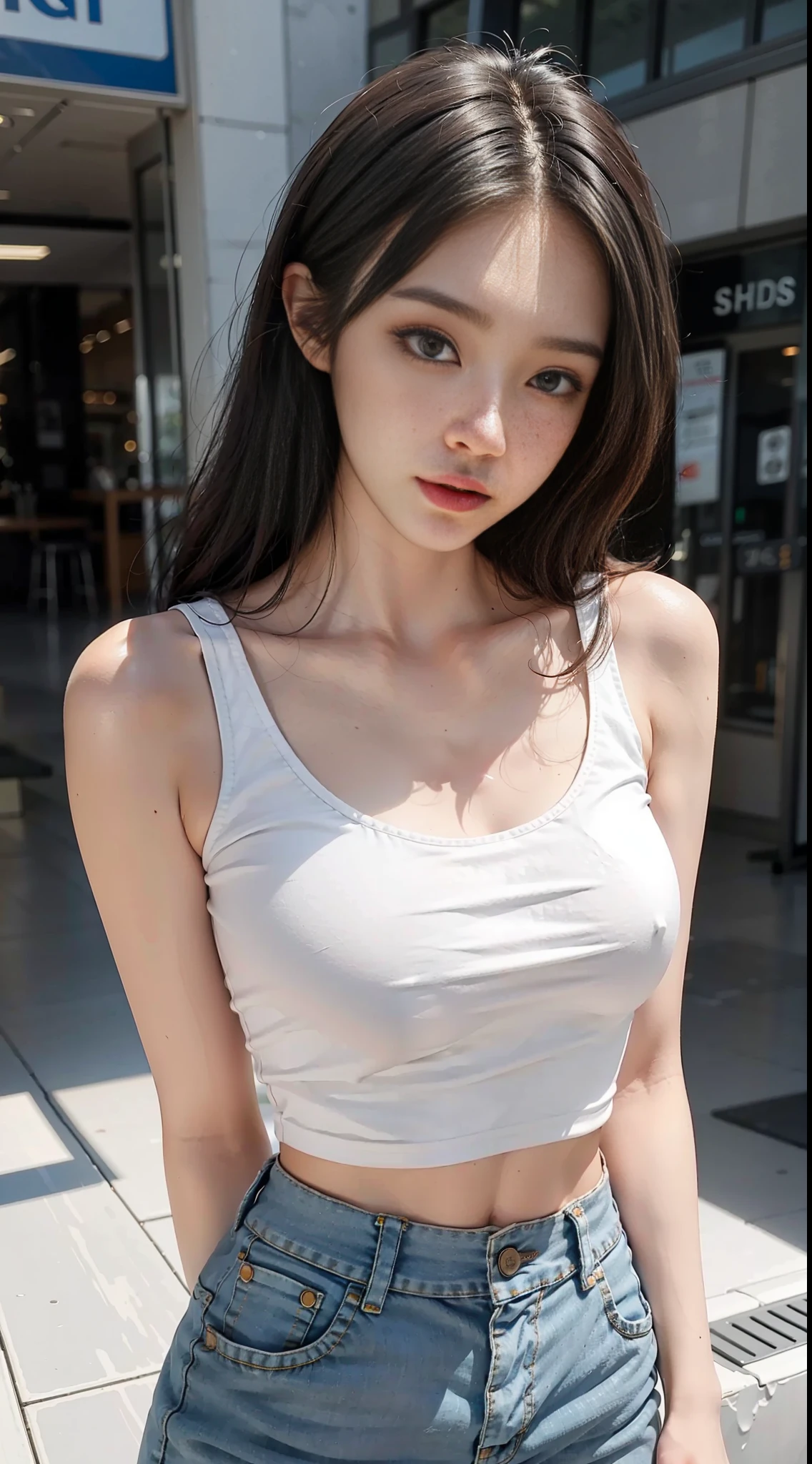 Girl posing for photo in white bra and tight denim, upper body, with cropped t-shirt, bra and streetwear, slim figure, oversized bust, slim girl model, 24 year old female model,