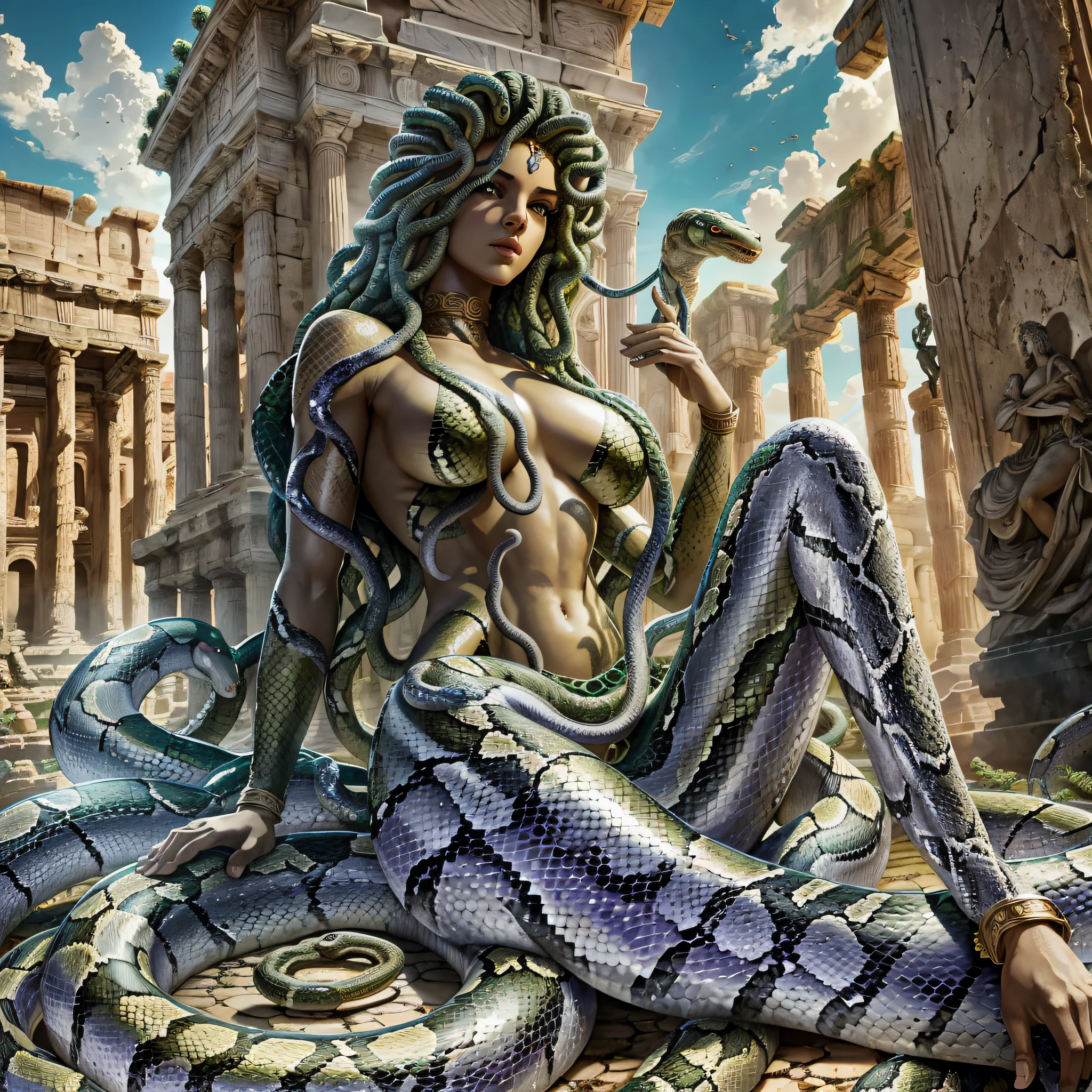 8k resolution, best masterpiece in the world, ultra realistic, Medusa, full body, extremely detailed snake skin, (Adult), perfect face, very detailed snakes (coming out of your scalp), seductive look, background ruins of ancient Rome, statues of petrified people, dust in the air, fantasy. --auto --s2