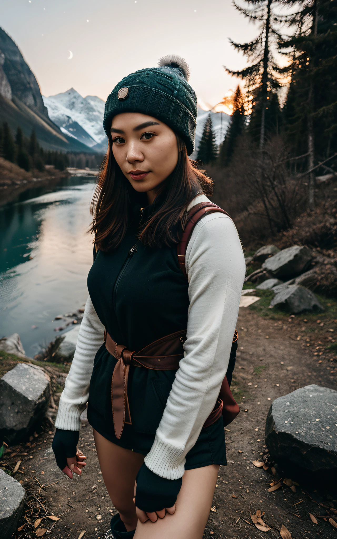 1 chinese woman ((upper body selfie, happy)), masterpiece, best quality, super detailed, solo, outdoor, (night), mountain, nature, (stars, moon) cheerful, happy, backpack, sleeping bag, camping stove, water bottle, mountain boots, gloves, sweater, hat, lantern, forest, stone, river, wood, smoke, shadow, contrast, clear sky, style, (warm tones, warm tones: 1,2), close up, cinematic light, side lighting, super high resolution, best shadow, raw, upper body