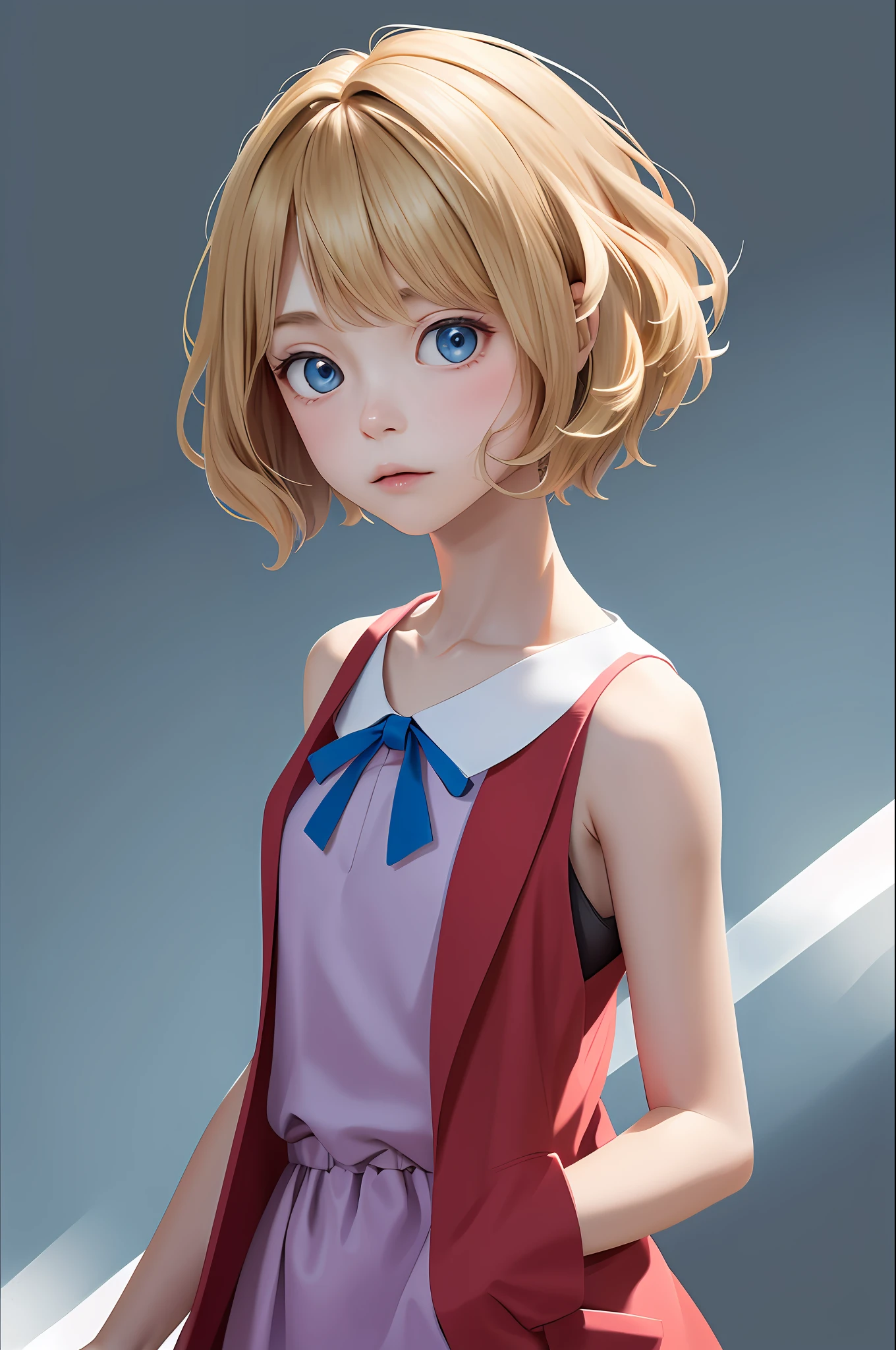 masterpiece, best quality, highres, serena \(pokemon\), short hair, blue eyes, 1girl, solo, blue ribbon, eyelashes, neck ribbon, sleeveless, bangs, collarbone, bare arms, pink dress , red coat, white background, front, no scenery, looking at the viewer,upper body, facing viewer, solid color background, clean background, facing the camera, high resolution, expressionless calm face, white back ground, looking away, simple_background