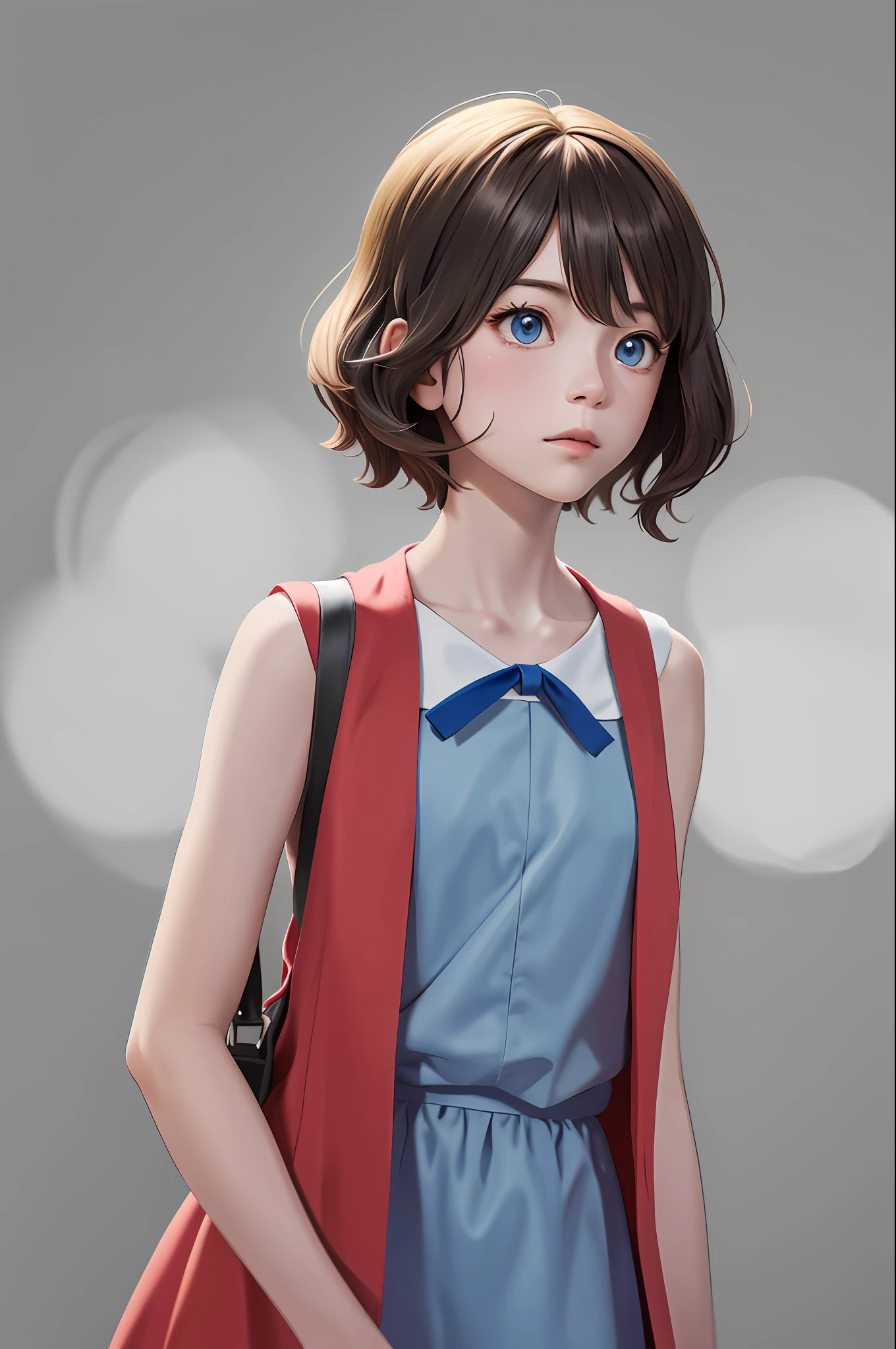 masterpiece, best quality, highres, serena \(pokemon\), short hair, blue eyes, 1girl, solo, blue ribbon, eyelashes, neck ribbon, sleeveless, bangs, collarbone, bare arms, pink dress , red coat, white background, front, no scenery, looking at the viewer,upper body, facing viewer, solid color background, clean background, facing the camera, high resolution, expressionless calm face, white back ground, looking away, simple_background