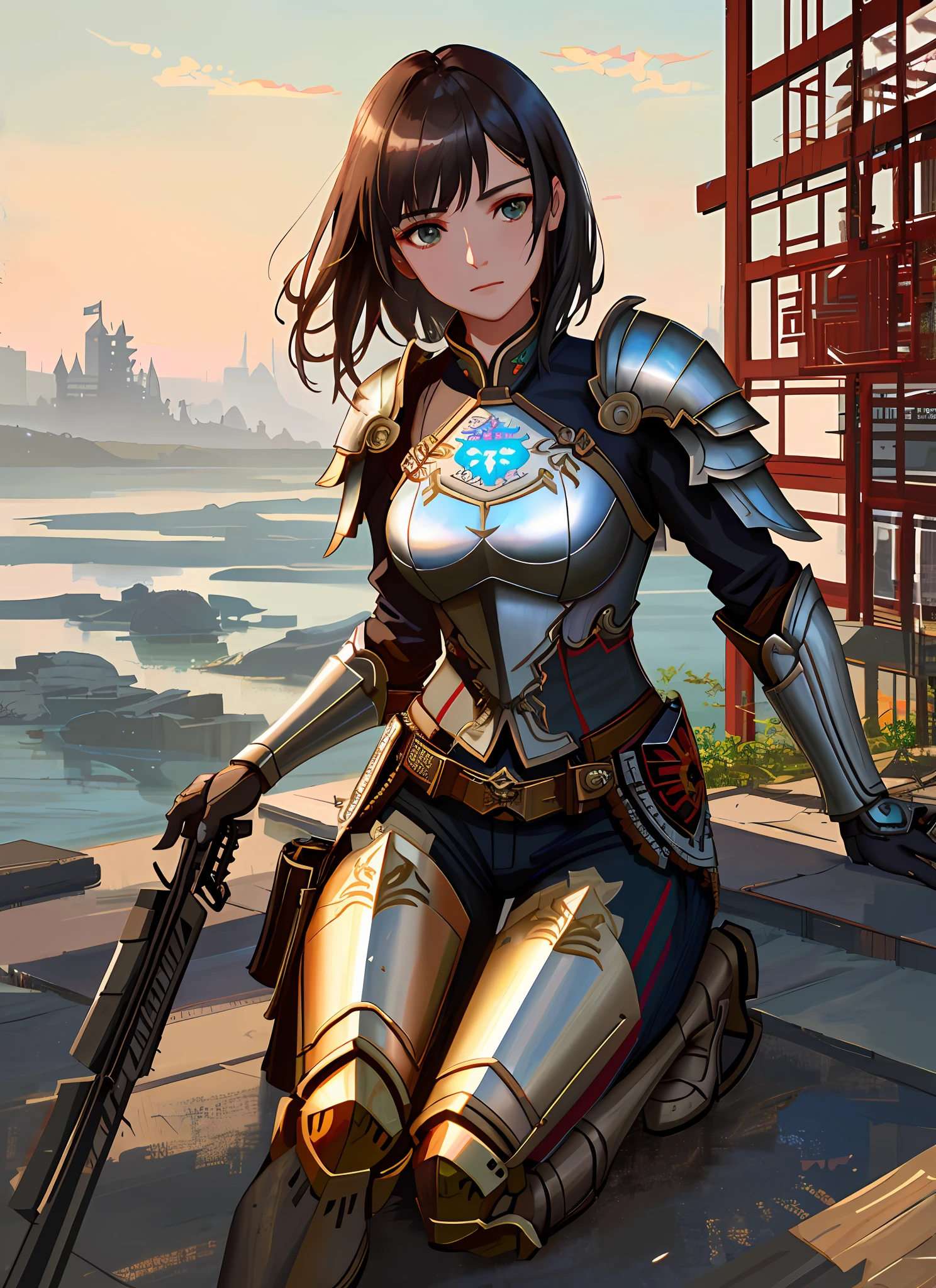 (Warrior: 1.2) Women's Full Body Multilayer (Heavy Metal Armor: 1.2), (Red Striped Metal Armor: 1.2), Gloves, Long Pants, Cross-knee, (Unusual Detail, Bloom: 1.5), (Highest Quality, Alessandro Casagrande, Greg Rutkowski, Sally Mann, Concept Art, 4k), (Analog: 1.2), (High Definition), (Detail Pupil: 1.1), (Painting: 1.1), (Digital Painting: 1.1), Detailed Face and Eyes, Masterpiece, Best Quality, (Highly Detailed Photo: 1.1), 8K, Photorealistic Photorealism, (Dark Hair, Dynamic Short Hair), (pureerosface_v1: 0.2), [:( Detailed Face: 1.2): 0.2], by Jeremy Mann, by Sandra Chevrier, by Maciej Kuciara, clear, realistic, realistic shadows, (Chinese castle background: 1.2), (Michelangelo) Tibetanthangka