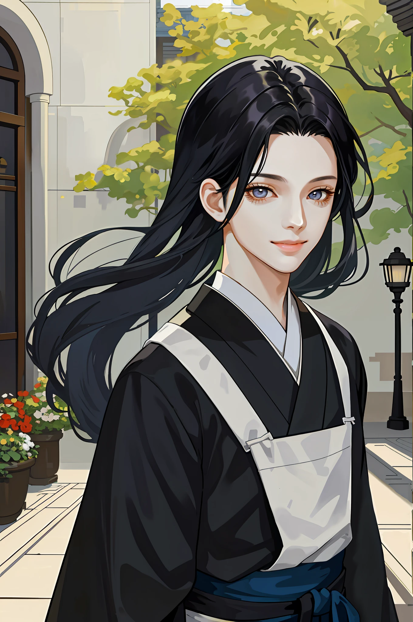 Masterpiece, Excellent, Little Boy, Young, Cute, Immature, Long Black Hair, Hanfu, Underage, Fine Eye and Face Portrayal, Ruddy Lips, Long Eyelashes, Portrait, Upper Body, Cute Smile, 8K, Front Light, Face Glow, Face Without Shadow, Courtyard