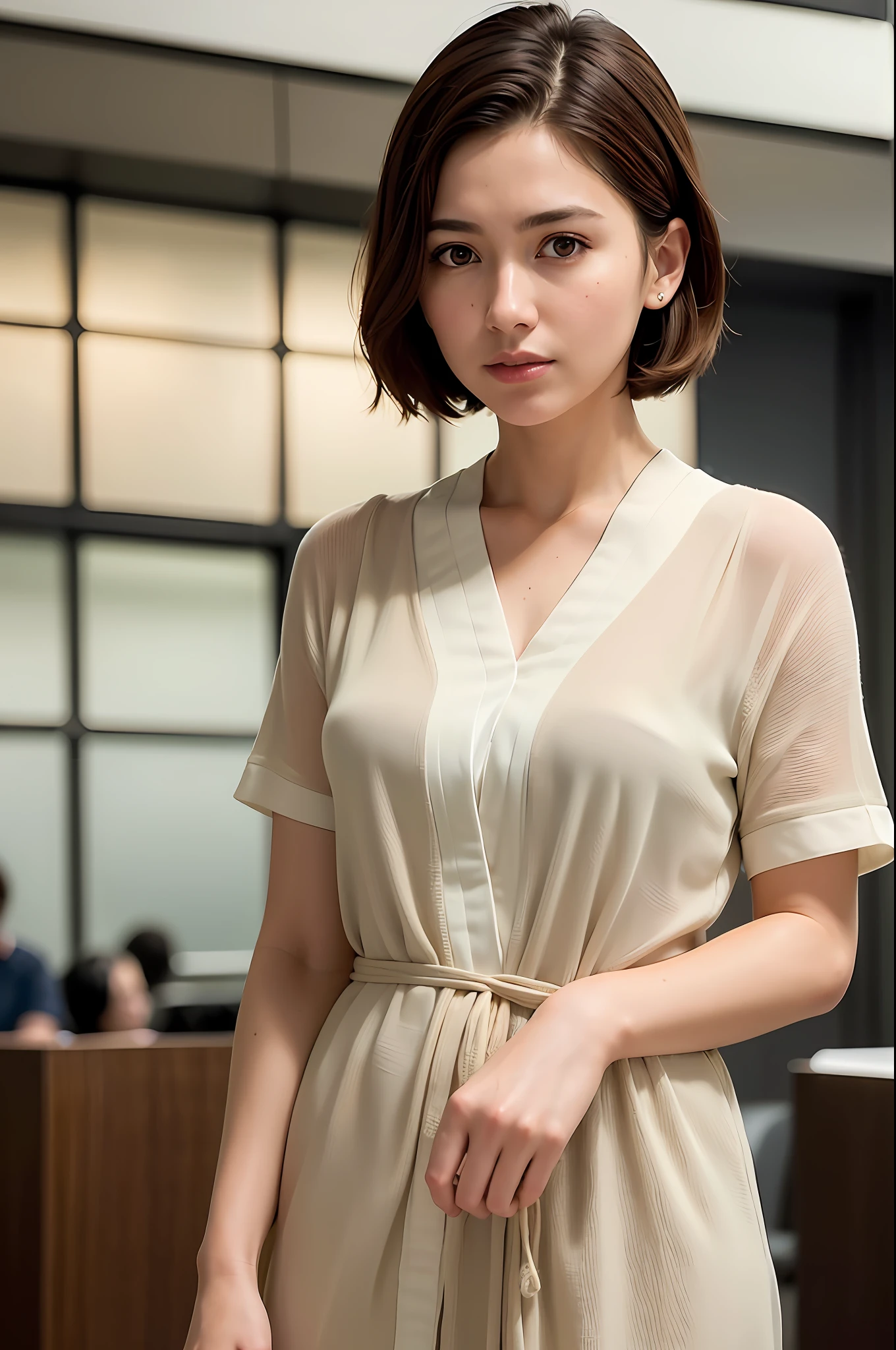 (airport:1), afternoon, (doctor gown:1), bright brown fringe short hair, light brown eyes, 1girl, 20 years old, innocent, (photorealistic), (intricate details:1.2),(masterpiece, :1.3),(best quality:1.4), (ultra highres:1.2), ultra high res, (detailed eyes), (detailed facial features), HDR, 8k resolution, (lens flare:0.7), turn around, busy on examine report, face viewer