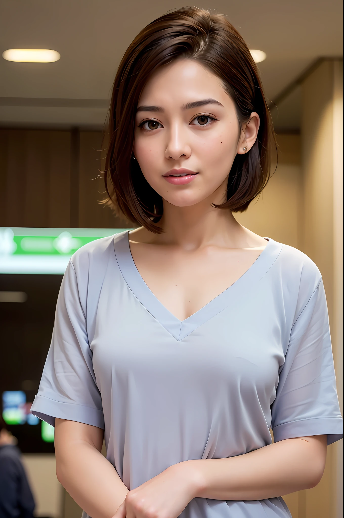 (airport:1), afternoon, (doctor gown:1), bright brown fringe short hair, light brown eyes, 1girl, 20 years old, innocent, (photorealistic), (intricate details:1.2),(masterpiece, :1.3),(best quality:1.4), (ultra highres:1.2), ultra high res, (detailed eyes), (detailed facial features), HDR, 8k resolution, (lens flare:0.7), turn around, busy on examine report, face viewer
