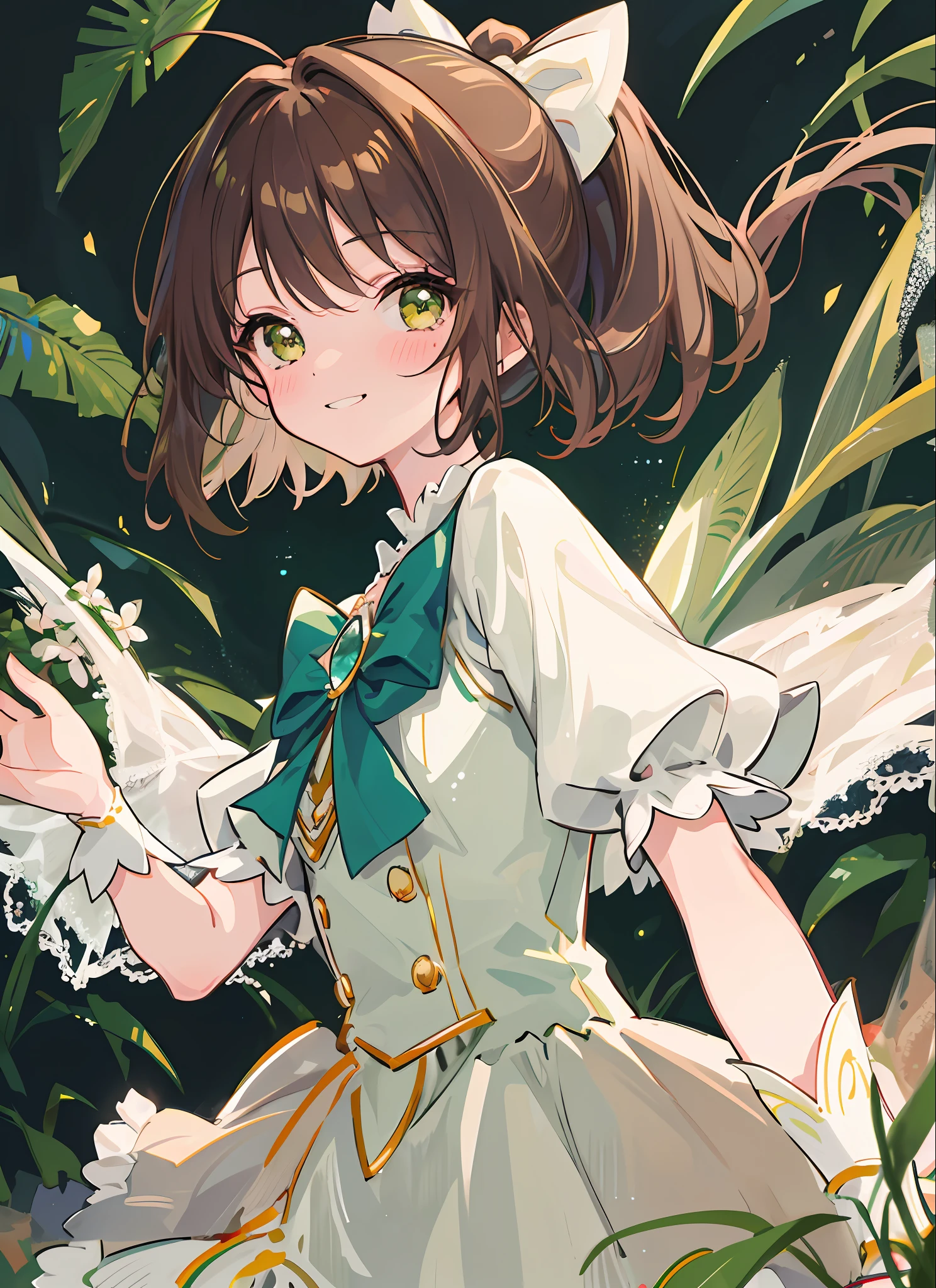 (Masterpiece), (Best Quality), Magical Girl, 1 Little Girl, Short, Upper Body, Blushing, Grinning, Happy, Backlit, Puff Sleeves, Half Tone, Brown Hair, Short Ponytail, Green Bow, Lace, Shiny Gemstones, Green Theme, Plants