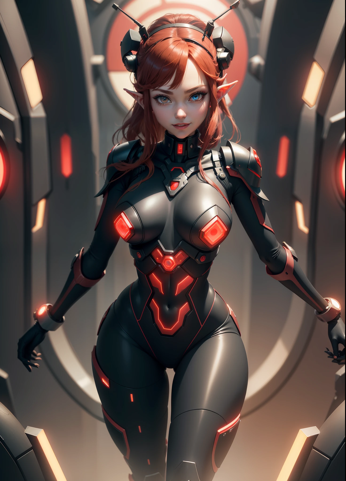 (Full body),Princess Zelda as humanoid ant with antennae, large breasts, (red and black/bionic ant body suit with red lights), looking at the viewer, smile, face with red cheek, red lipstick on her mouth, she has very short dark red hair and blue eyes, she is in a futuristic city, 16k, highres, best quality, award-winning, high detail, anatomically correct, masterpiece, UHD, ccurate, retina