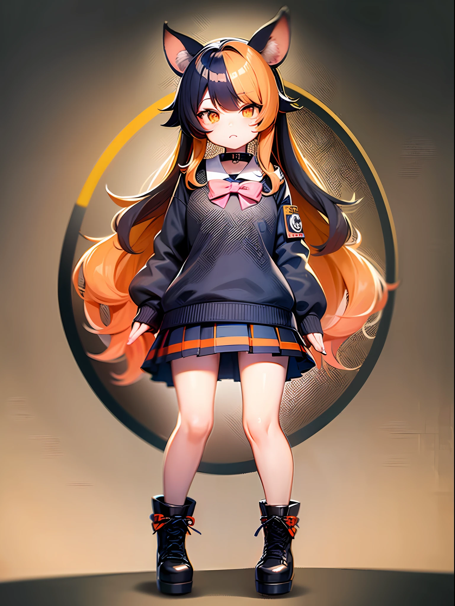 ((chibi fullbody)), standing still, still pose, sd character, solo, 1girl, gothic school girl, with (big mouse ears) hoodie, (mouse tail, rat, school uniform), pleated skirt, punk collar, dark vibes, scary, butterflies, (best quality, ultra-detailed), looking at viewer,masterpiece, ultra-detailed, petite, short,simple background, plain pattern background, cute, ankle boots with platform ((Color palette: orange, white, pink))