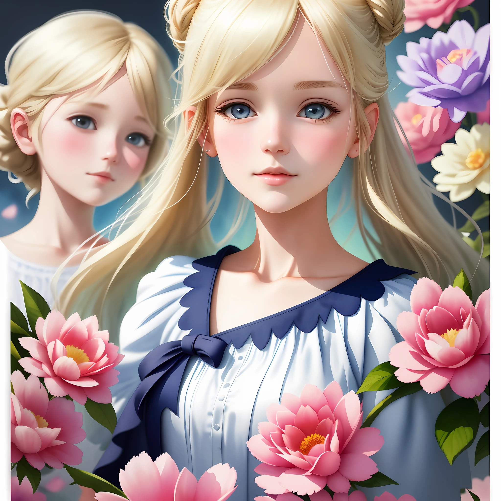 colorful ANIME BLONDE GIRL, full-body portrait, in frame, background frame, inside the background frame, Watercolor Clipart, massive flowers splash, LUSH, flowers splash, full Illustration, ((white background)), 4k, sharp focus, watercolor, smooth soft skin, japanese style, symmetrical, soft lighting, detailed face, concept art, muted colors, watercolor style, children's style fairy tales, Octane rendering, 3d, Perfect face, detailed face, delicate face, perfect sharp lips, detailed eyes, watercolor
