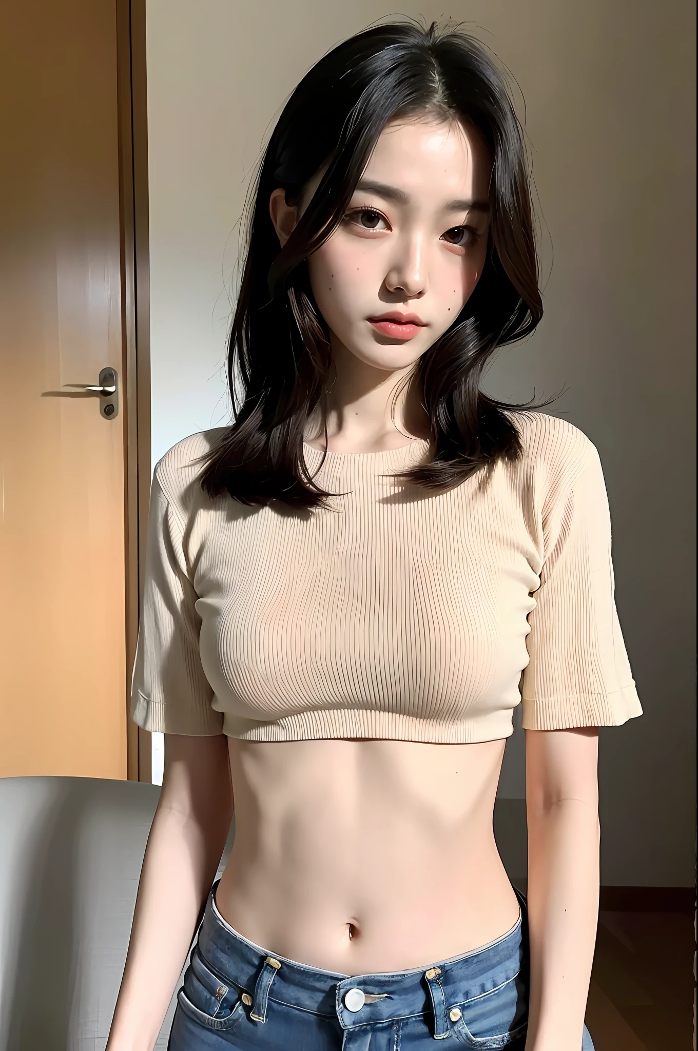 ((Top Quality, 4K, Masterpiece: 1.3)), 1 Girl, Side Shot: 1.2, Beautiful Japan Woman with Slender Abs: 1.3, (Casual Hairstyle, Big: 1.2), Nude, ???, Indoors, Ultra Detailed Face, Detailed Eyes, Double Eyelids, Full Body, Detailed Buttocks
