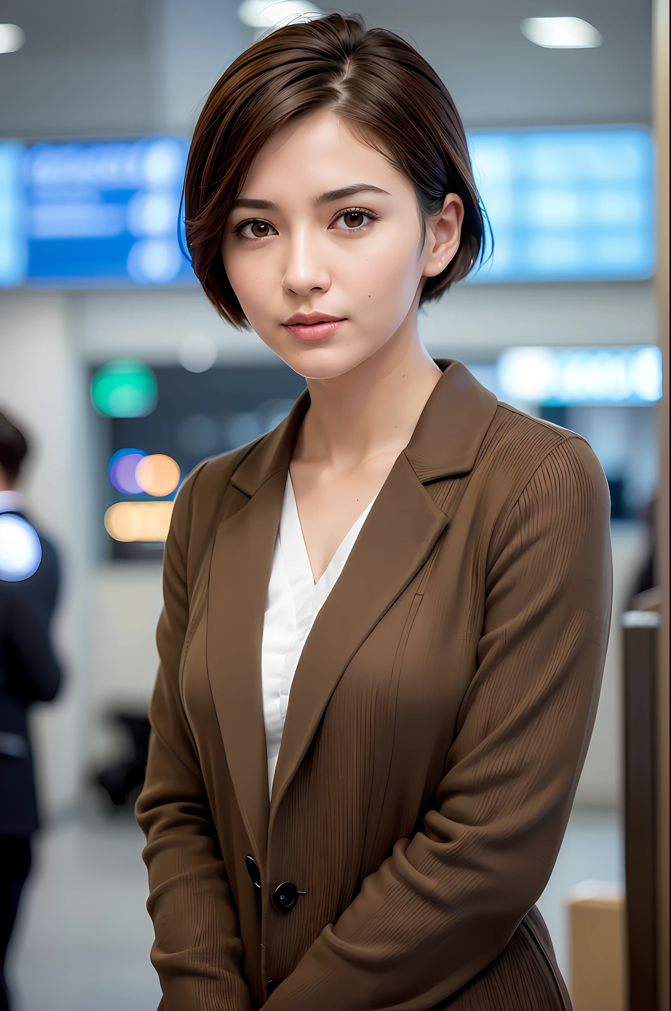 (airport:1), afternoon, (doctor gown:1), bright brown fringe short hair, light brown eyes, 1girl, 20 years old, innocent, (photorealistic), (intricate details:1.2),(masterpiece, :1.3),(best quality:1.4), (ultra highres:1.2), ultra high res, (detailed eyes), (detailed facial features), HDR, 8k resolution, (lens flare:0.7), turn around, busy on examine report, face viewer