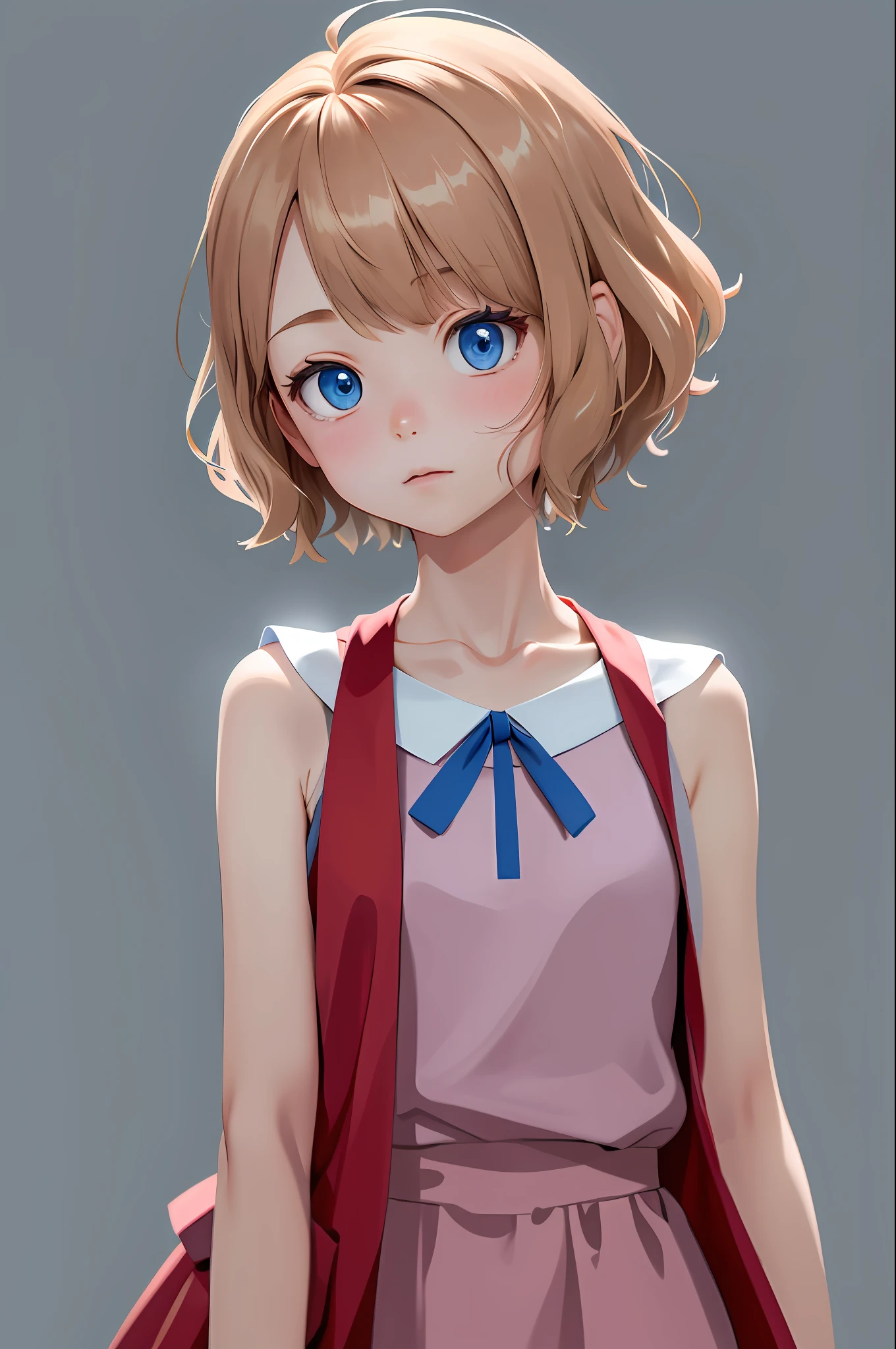 masterpiece, best quality, highres, serena \(pokemon\), short hair, blue eyes, 1girl, solo, blue ribbon, eyelashes, neck ribbon, sleeveless, bangs, collarbone, bare arms, pink dress , red coat, white background, front, no scenery, looking at the viewer,upper body, facing viewer, solid color background, clean background, facing the camera, high resolution, expressionless calm face, white back ground, looking away, simple_background