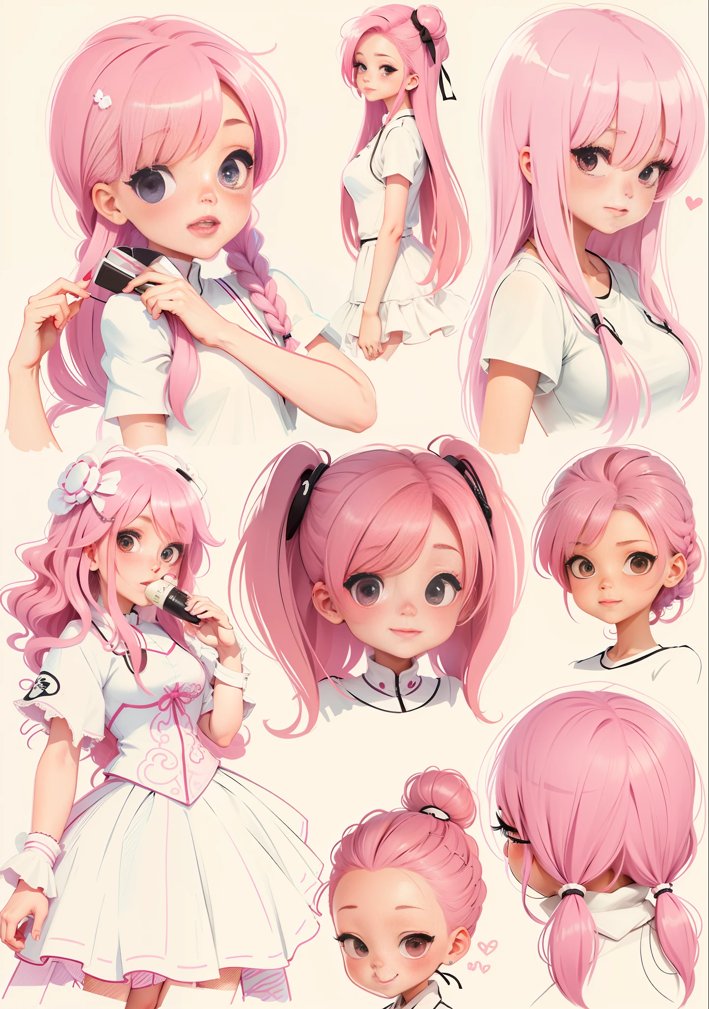 Pink hair, cute, caricature, ((white clothes)), (black eyes), hands in braids