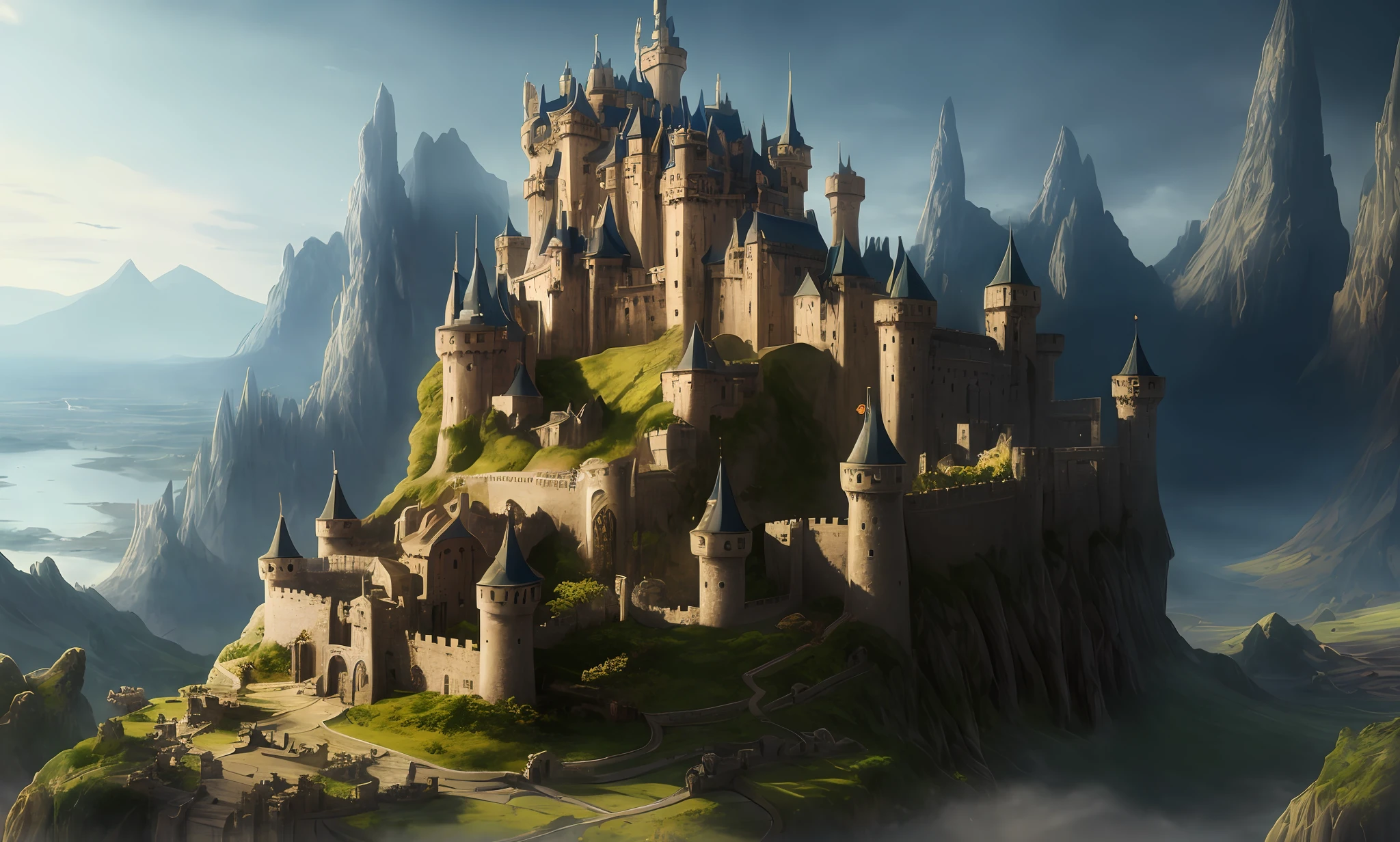 there is a picture of a castle and city in the middle of a mountain, fantasyconcept art, stunning! concept art, stunning concept art, medieval concept art, high quality concept art, concept art world, dota matte painting concept art, concept world art, beautiful concept art, concept art highly detailed, detailed 4k concept art, high quality digital concept art