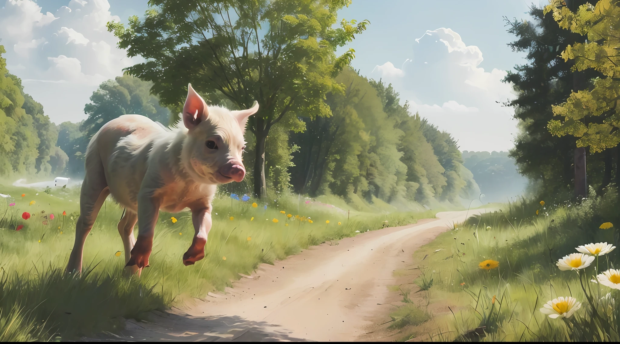 An oil painting, 1 piglet galloping on the city street, white city, exoskeleton machinery, (mechanical skeleton: 1.5), delicate pig face, delicate eyes, that, flowers, fields, meadows, blue sky, stills