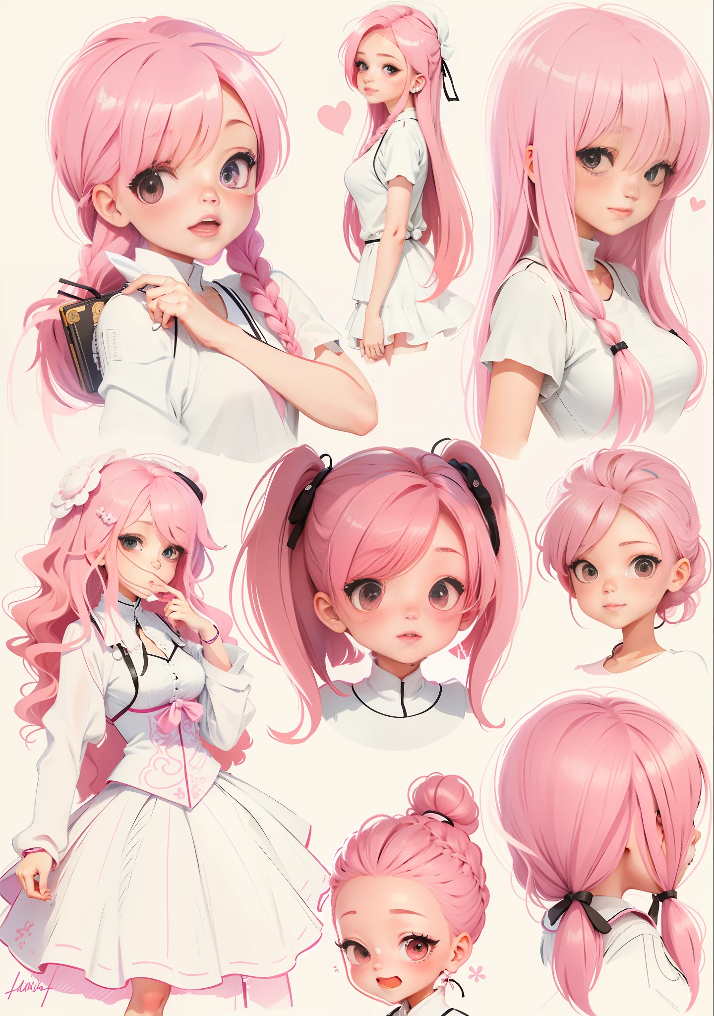 Pink hair, cute, caricature, ((white clothes)), (black eyes), hands in braids