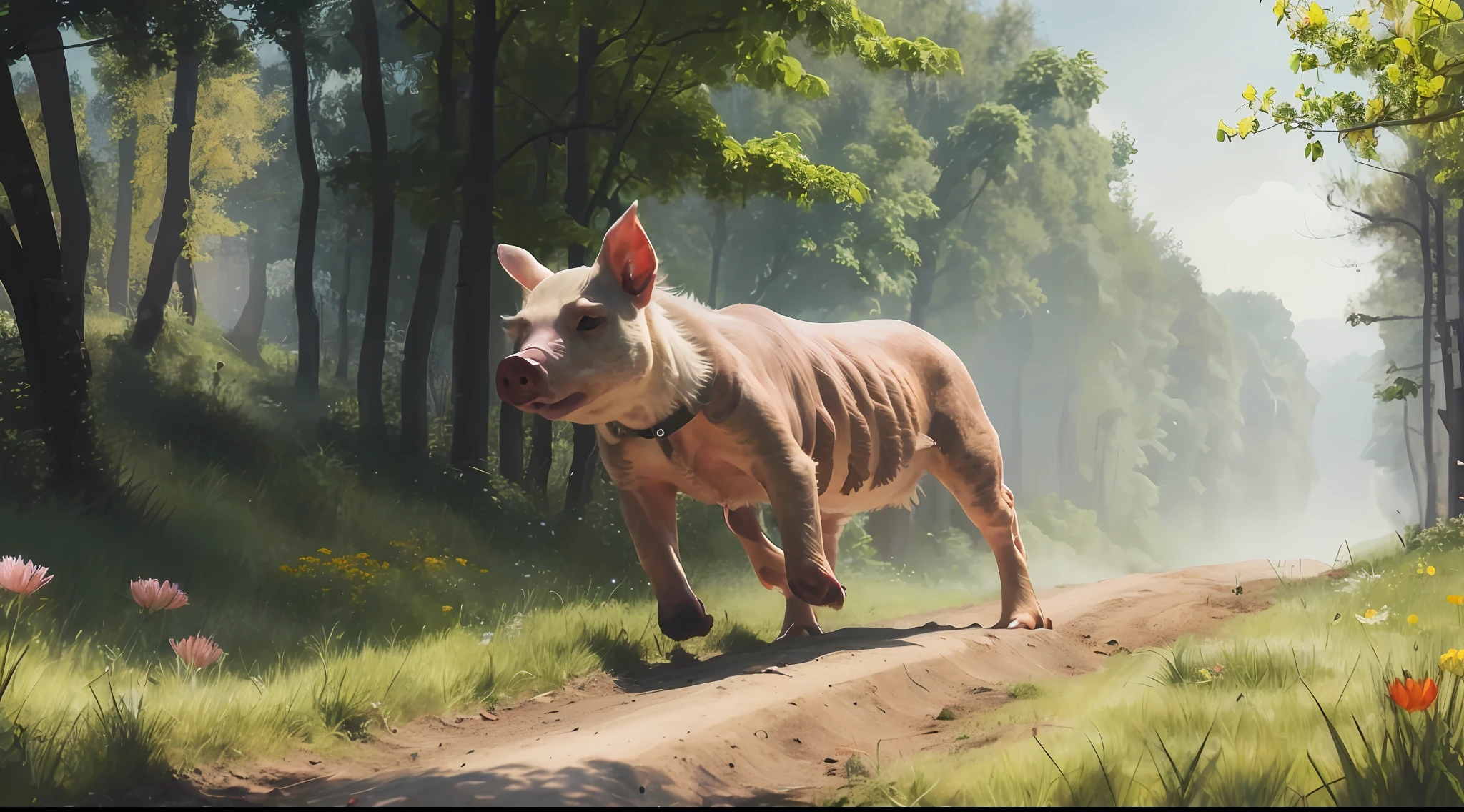 An oil painting, 1 piglet galloping on the city street, white city, exoskeleton machinery, (mechanical skeleton: 1.5), delicate pig face, delicate eyes, that, flowers, fields, meadows, blue sky, stills