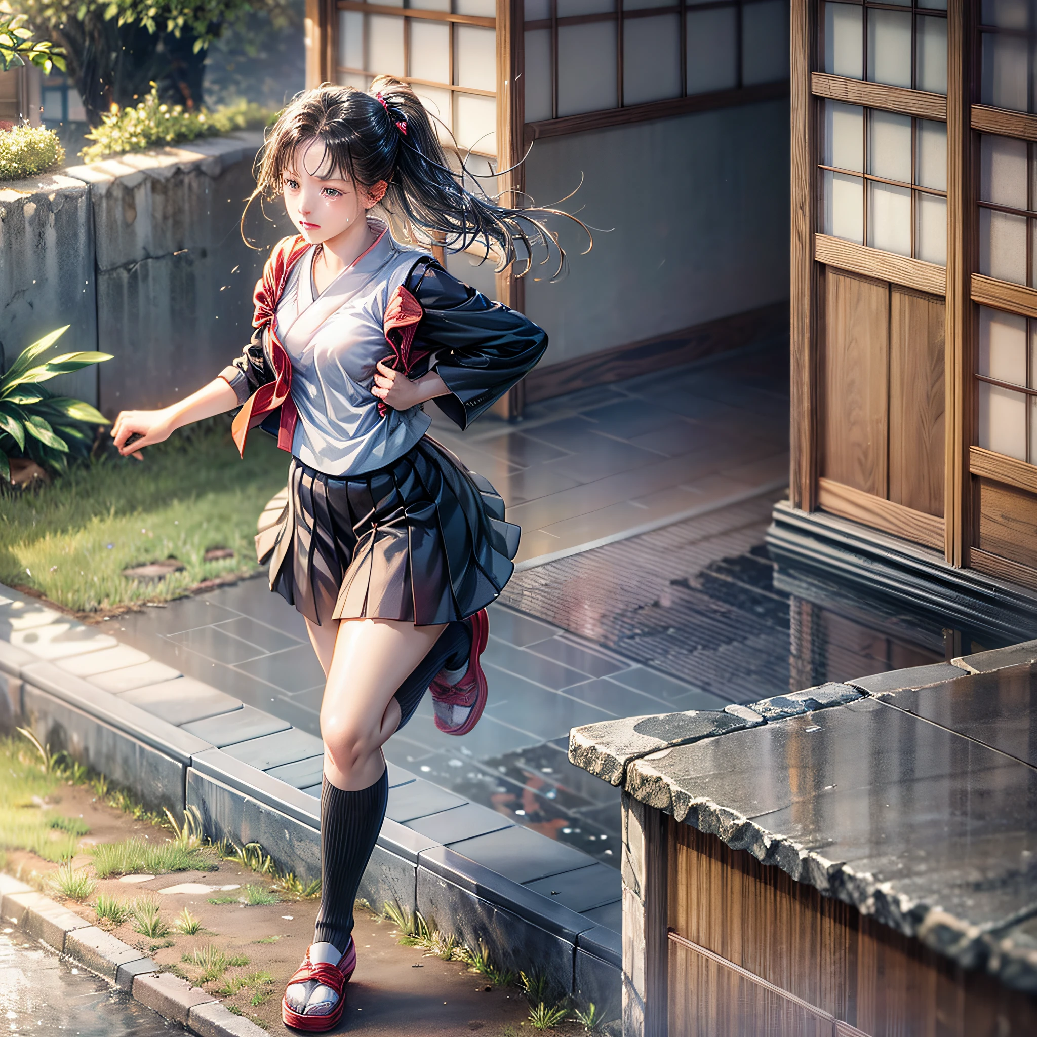 Japanese manga, girl running out of her home, with tears, black hair and black eyes, wearing a Japanese high school uniform, back --auto --s2