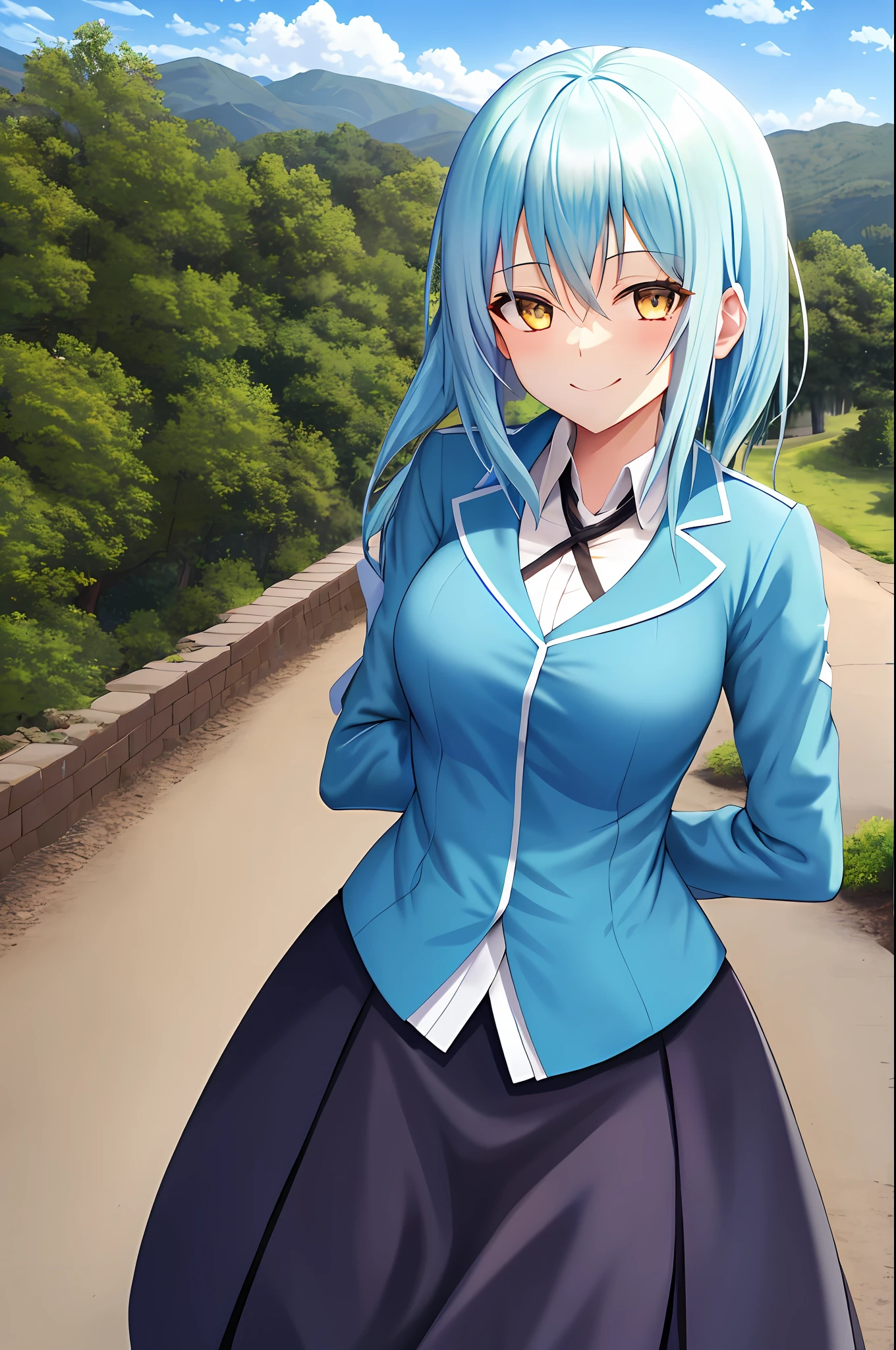upper body, smile, simple background, outdoors, sky, day,
rimuru tempest, 1 girl, rimuru girl, a girl, girl version, woman version, skirt, medium breast, smile face, hand on chest,