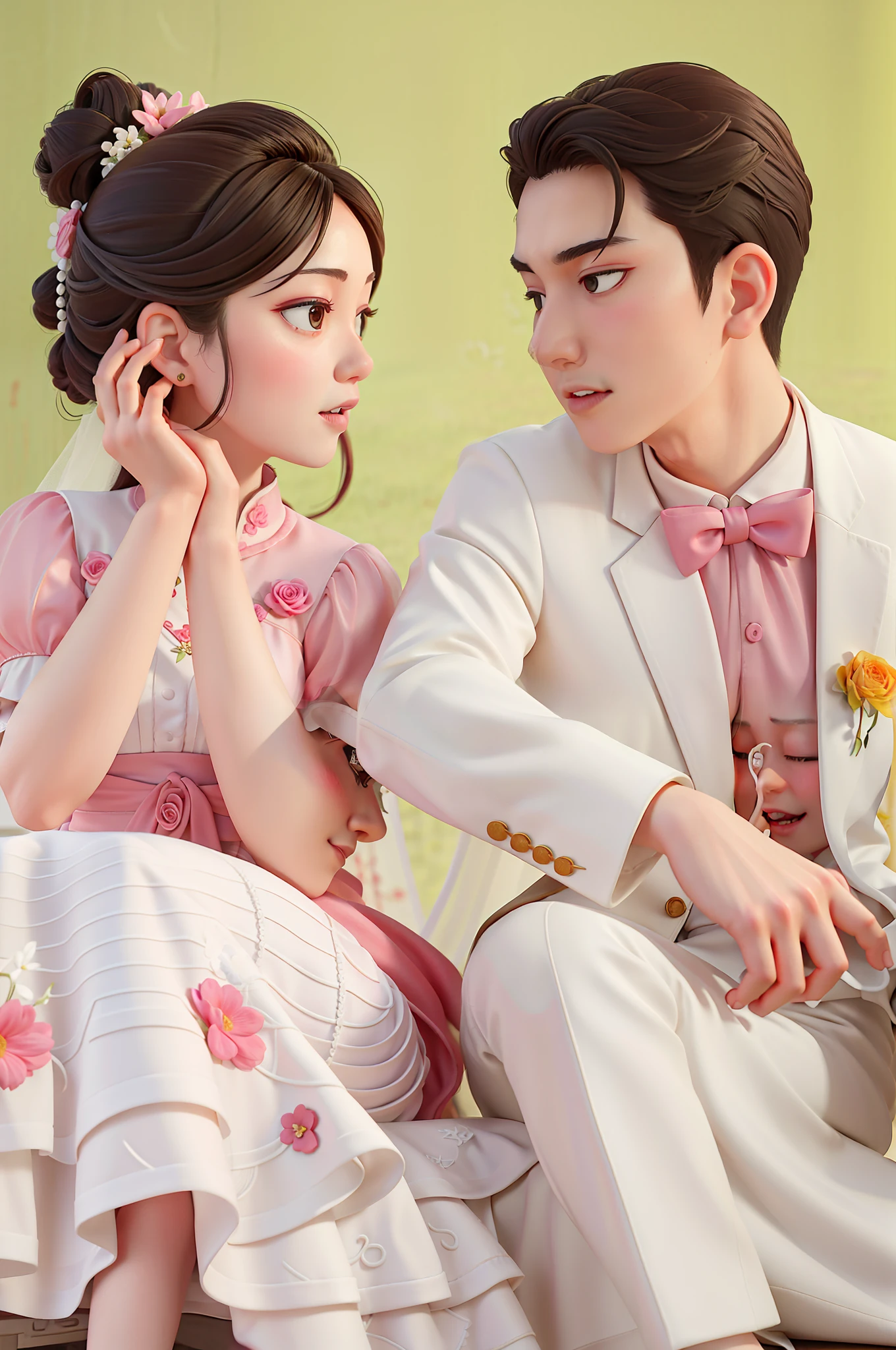 bride and groom sitting on a couch with flowers in their hands, ruan jia and fenghua zhong, 🤬 🤮 💕 🎀, lovely couple, yanjun chengt, ao dai, wedding photo, ruan jia and brom, photoshoot, happy couple, sha xi, fanart, pastel', cai xukun, photo taken with nikon d 7 5 0