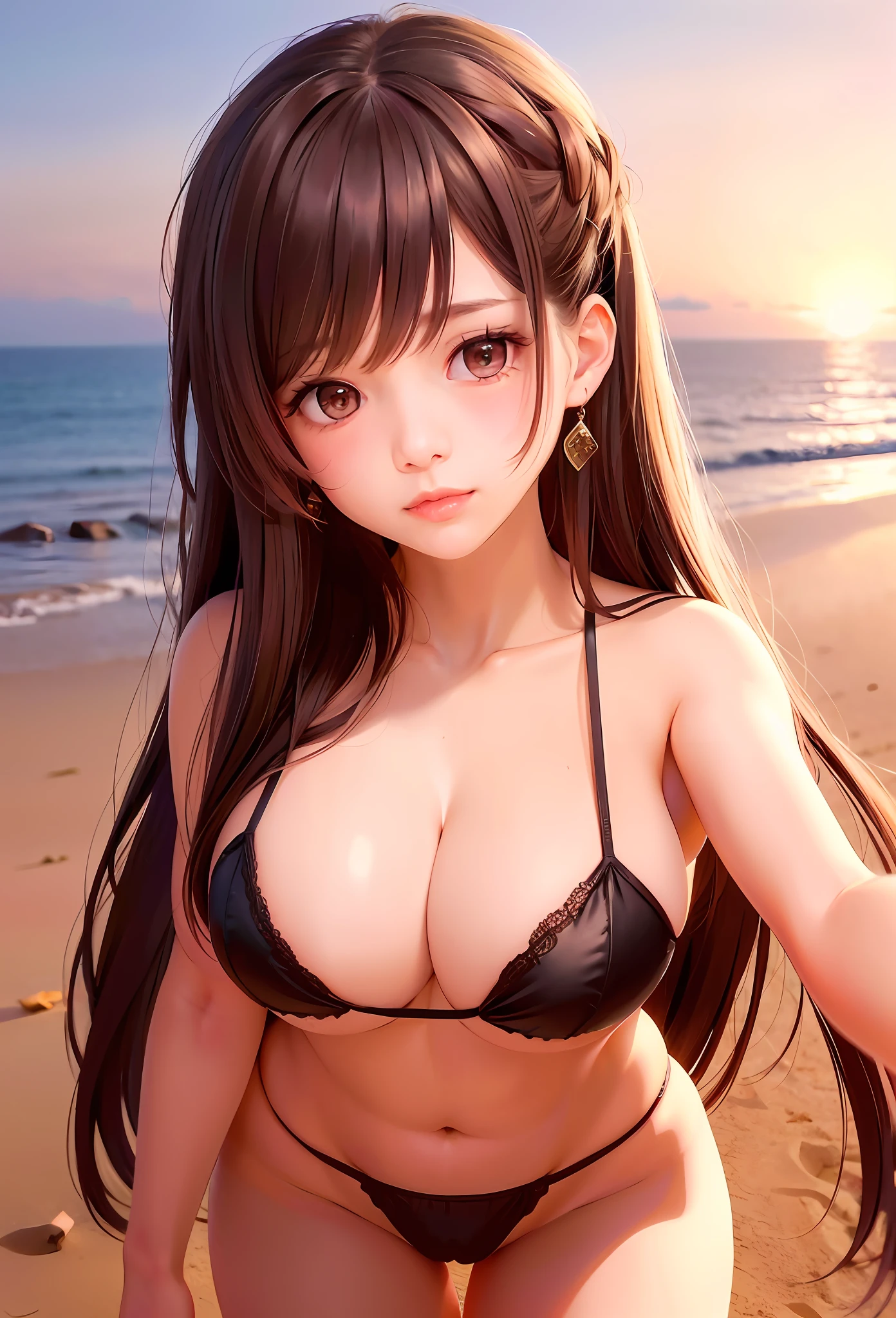 (Raw photo: 1.2), (Photorealistic: 1.4), highest quality, masterpiece, very delicate and beautiful, very detailed, CG, unity, 8K wallpaper, wonderful, elaborate, masterpiece, highest quality, official art, highly detailed CG Unity 8K wallpaper, absurdity, huge file size, super detailed, high resolution, highly detailed, beautiful girl, very detailed eyes and face, beautiful eyes, 1 woman, big breasts, breasts apart, (narrow waist), perfect body, slim, long ponytail, (brown hair: 1.3), viewer where watching, lips spread, realistic light, realistic shadow, sea, beach, sunset, twinkling light, face, close, looking at the viewer, looking down, , beautiful girl