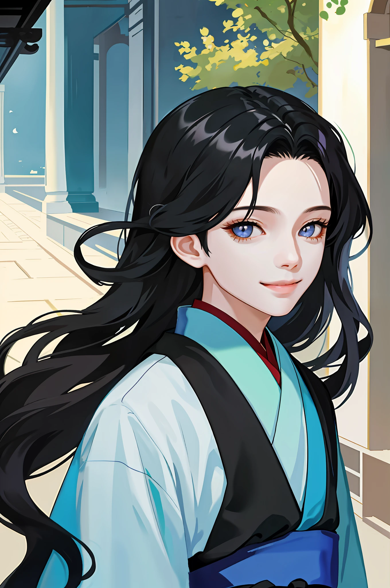 Masterpiece, Excellent, Little Boy, Young, Cute, Immature, Long Black Hair, Hanfu, Underage, Fine Eye and Face Portrayal, Ruddy Lips, Long Eyelashes, Portrait, Upper Body, Cute Smile, 8K, Front Light, Face Glow, Face Without Shadow, Courtyard