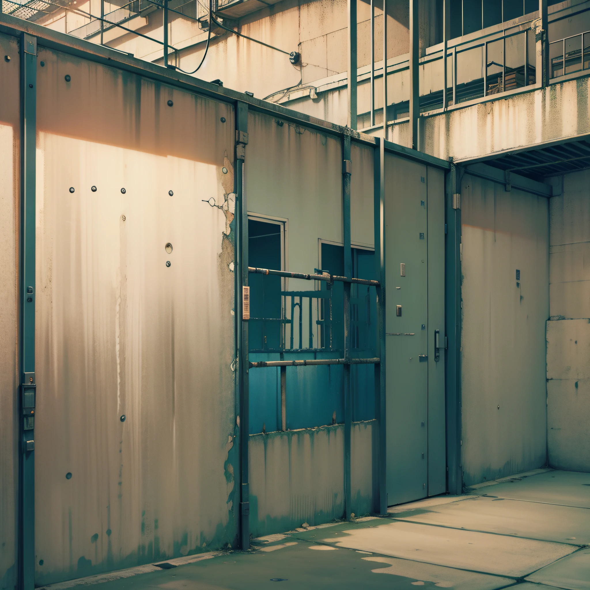 Humid environment, dim, room, rusty railing, prison, scene map