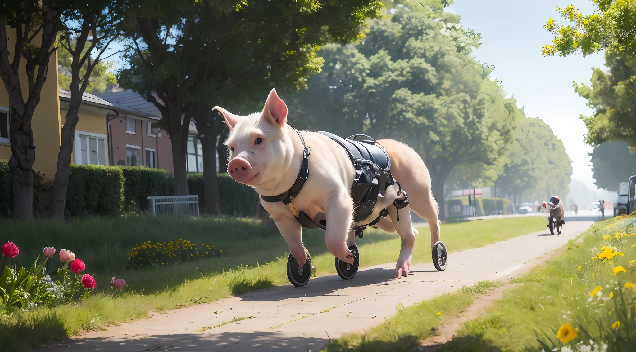 An oil painting, 1 little fat pig galloping on the city street, white city, exoskeleton machinery, (mechanical skeleton: 1.5), obesity, delicate eyes, ultra-fine hair, that, flowers, fields, meadows, blue sky, stills