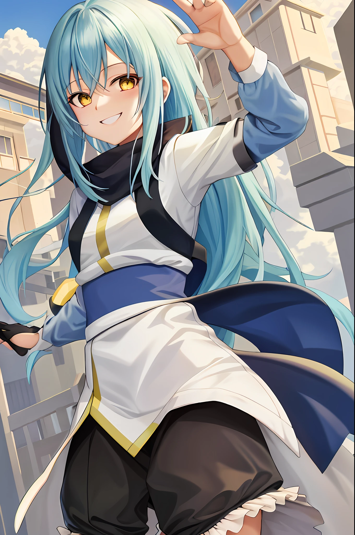 upper body, smile, simple background, outdoors, sky, day,
rimuru tempest, 1 girl, rimuru girl, a girl, girl version, woman version, skirt, medium breast, smile face, hand on chest,