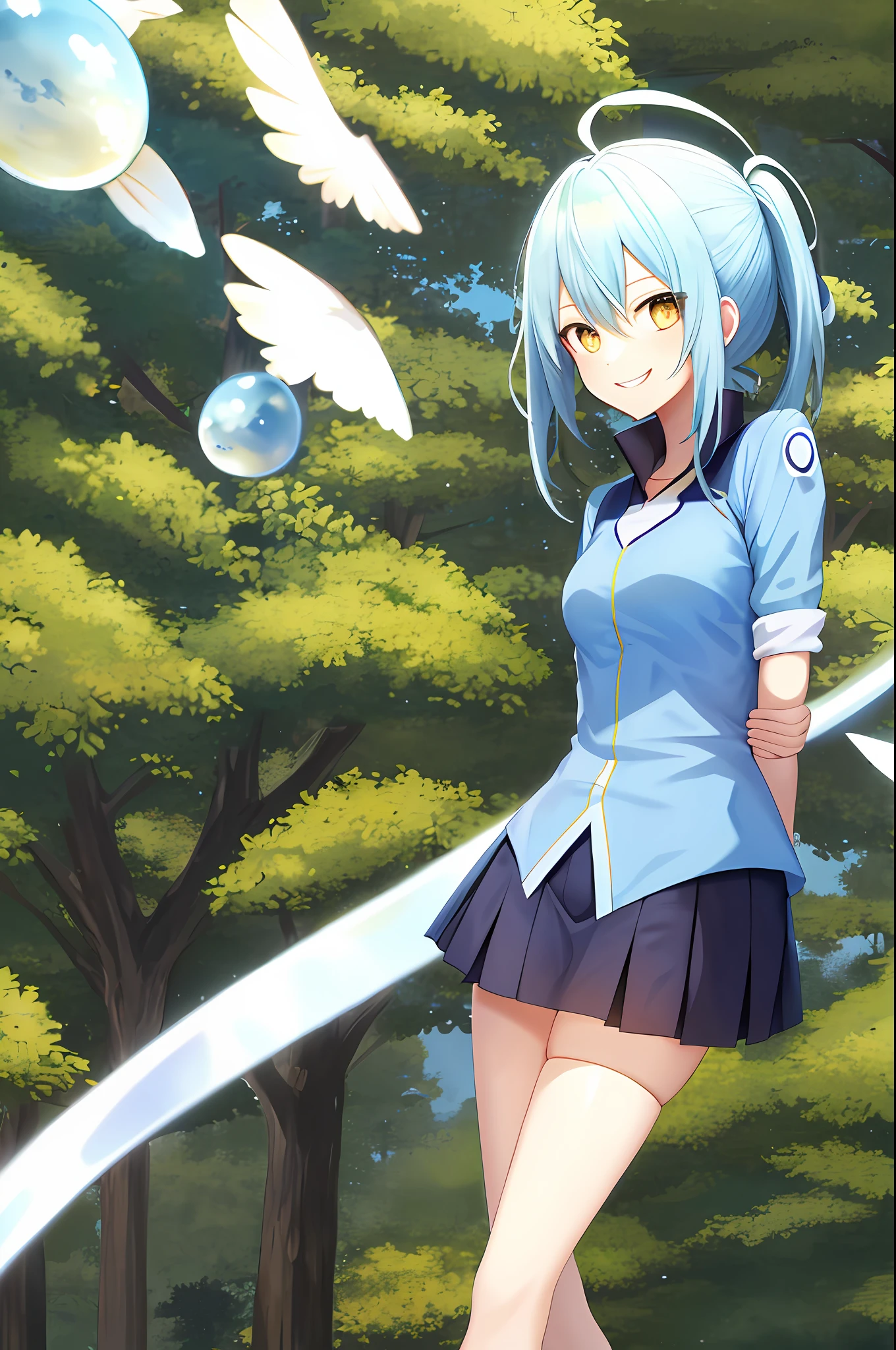 upper body, smile, simple background, outdoors, sky, day,
 rimuru tempest,  1 girl, rimuru girl, a girl,  girl version, woman version, skirt, medium , smile face, hand on chest,