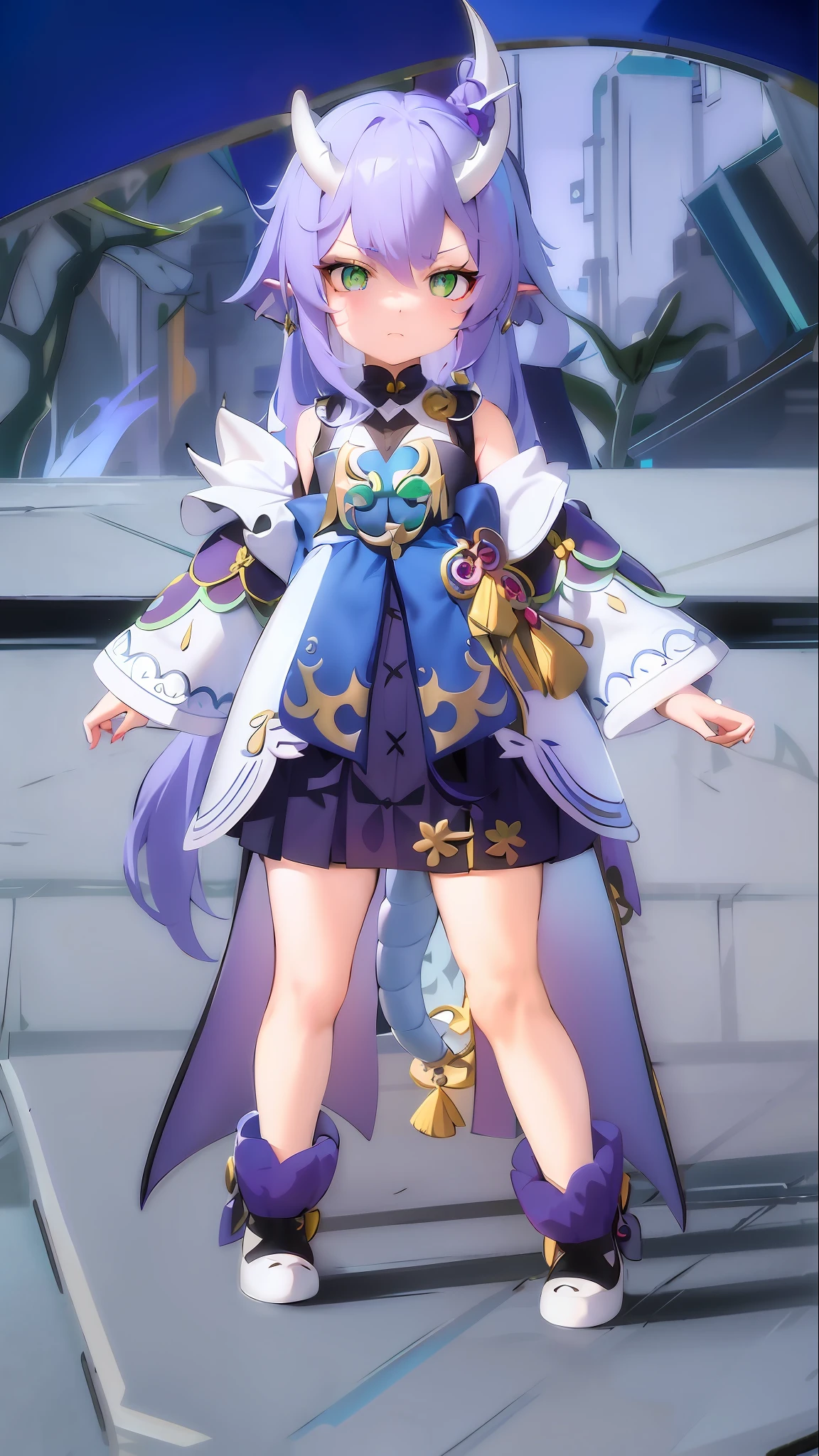 a  dragon girl, little light green eyes, elf ears, with white horns on head, long hair, maximum blue purple hair, ((dragon tail)), oriental white dress with blue details, standing, fullbody, looking ahead, abreast, a-pose, genshin impact, honkai impact,