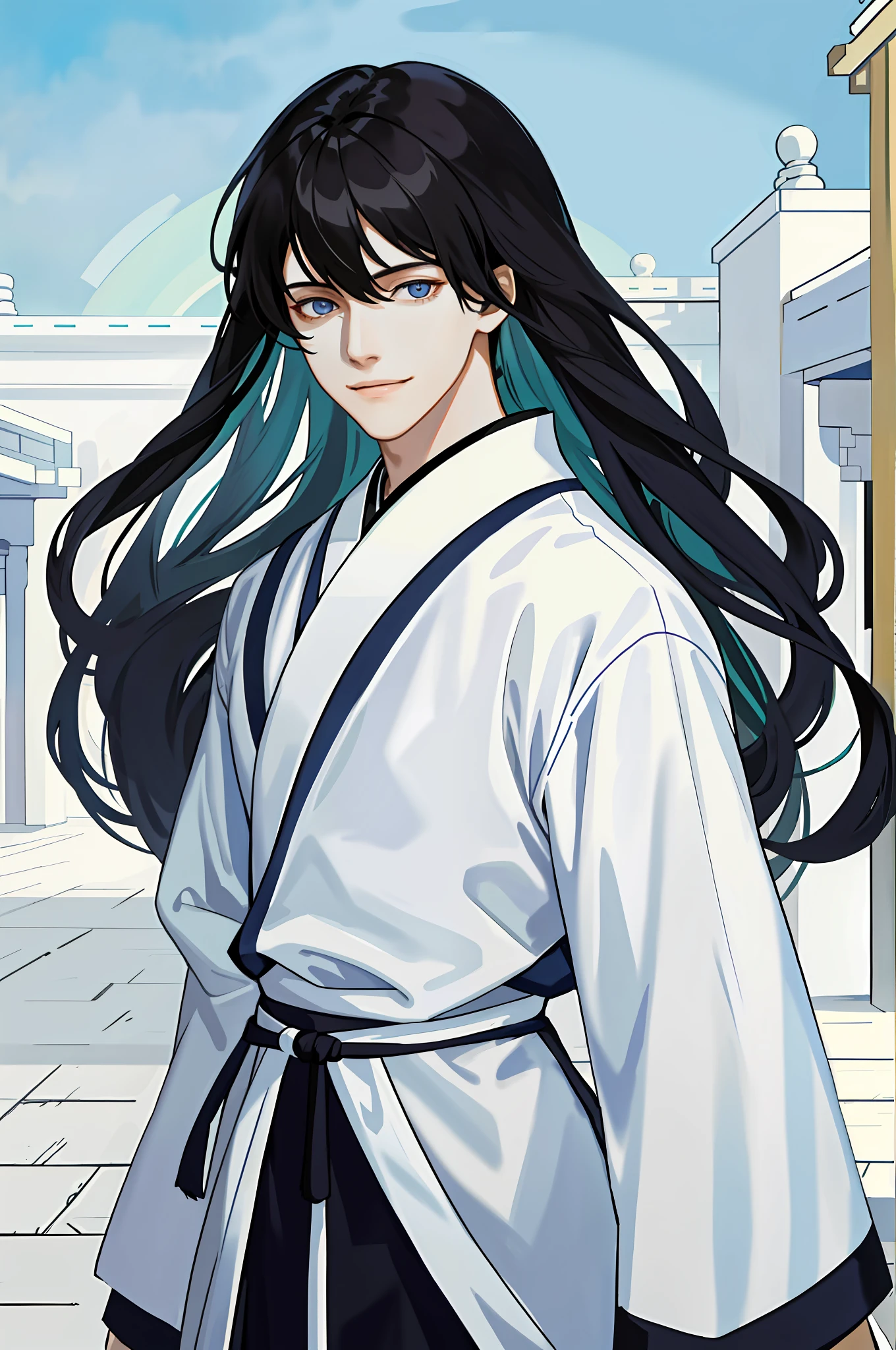 Masterpiece, Excellent, Man, Handsome, Long Black Hair, White Hanfu, Yupei, Underage, Fine Eyes and Face Portrayal, Portrait, Upper Body, Gentle Smile, 8K, Front Light, Face Glow, Face Without Shadow, Courtyard